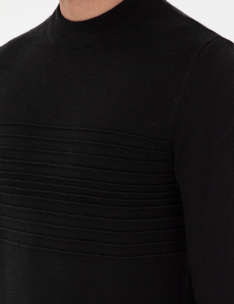 Siyah Slim Fit Çeyrek Yaka Yün Karışımlı Triko Kazak