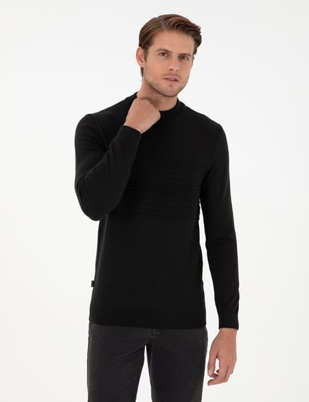 Siyah Slim Fit Çeyrek Yaka Yün Karışımlı Triko Kazak - 50296438018