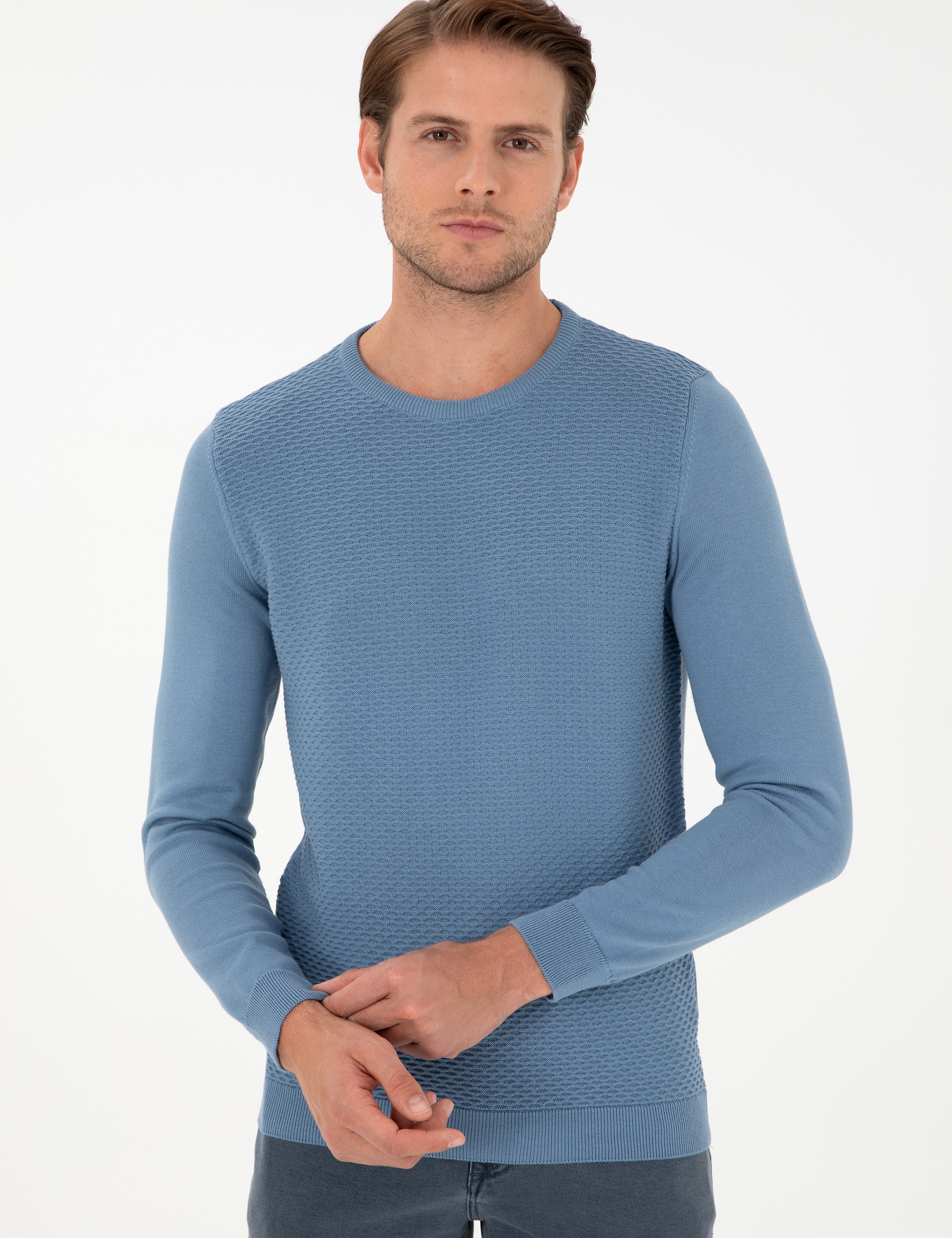 Koyu Mavi Slim Fit Bisiklet Yaka Triko Kazak - Image 3