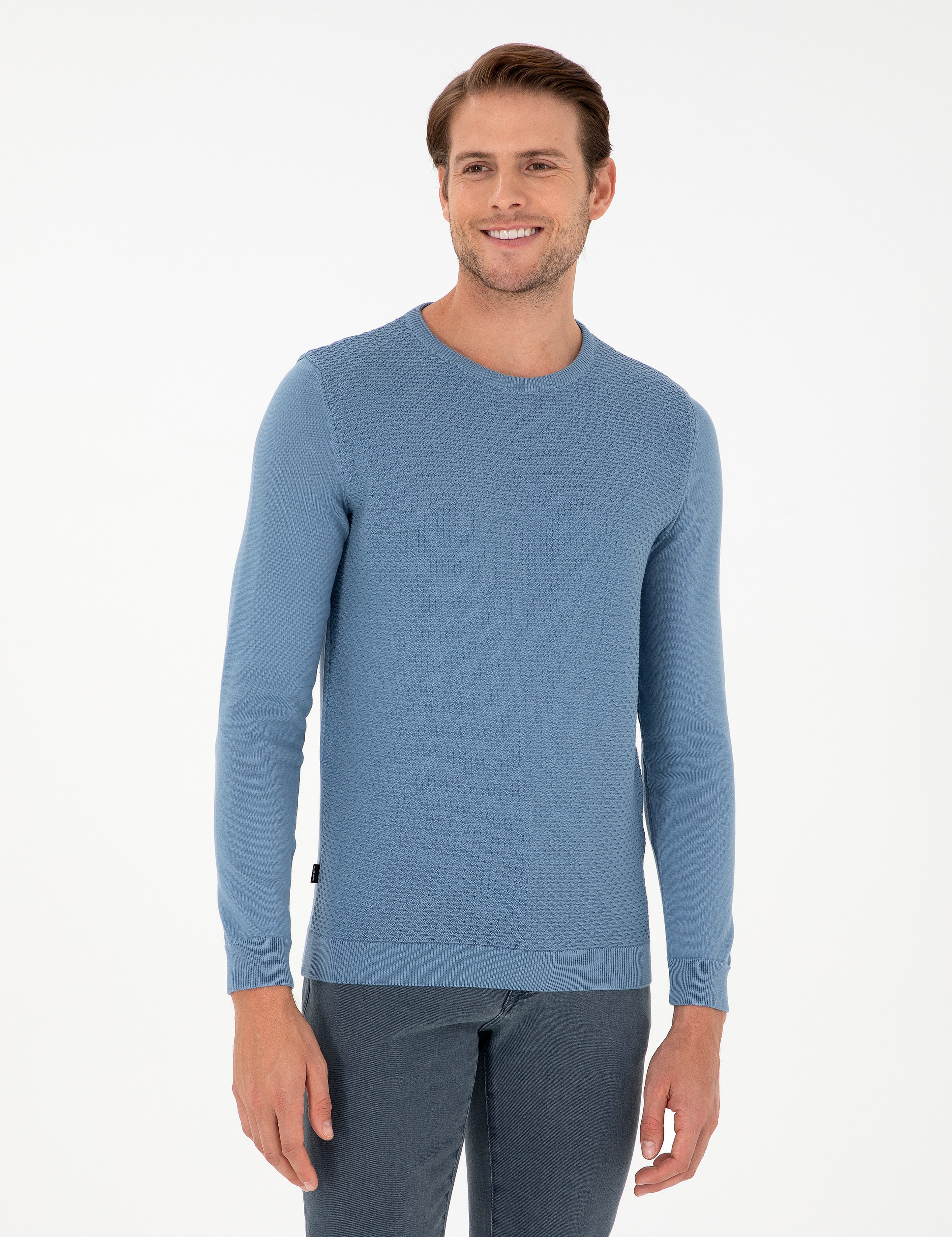 Koyu Mavi Slim Fit Bisiklet Yaka Triko Kazak - Image 1