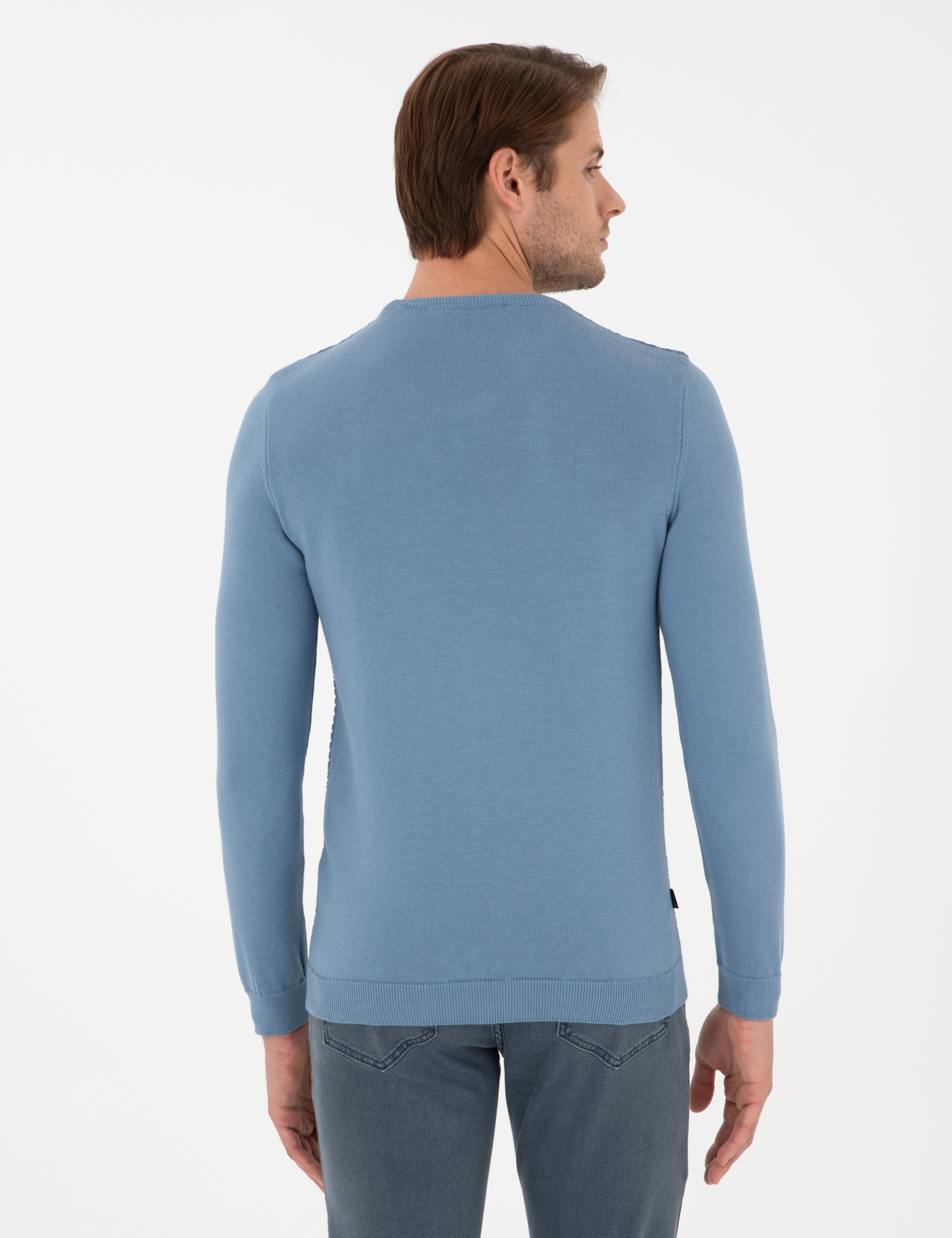Koyu Mavi Slim Fit Bisiklet Yaka Triko Kazak - Image 5