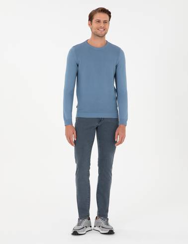 Koyu Mavi Slim Fit Bisiklet Yaka Triko Kazak