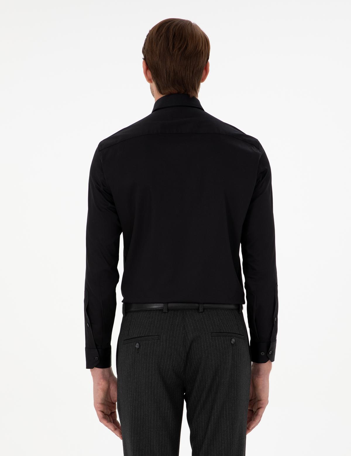 Siyah Parlak Saten Regular Fit Uzun Kollu Basic Gömlek - 50286106023