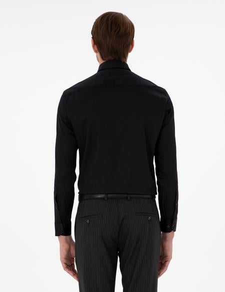 Siyah Parlak Saten Regular Fit Uzun Kollu Basic Gömlek - 50286106023