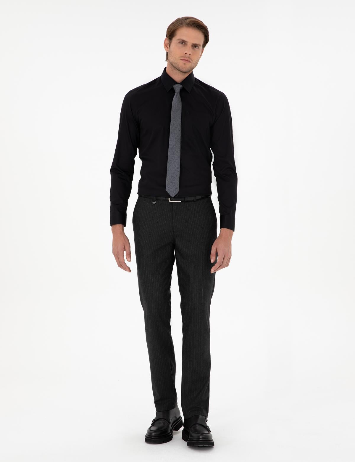 Siyah Parlak Saten Regular Fit Uzun Kollu Basic Gömlek - 50286106023