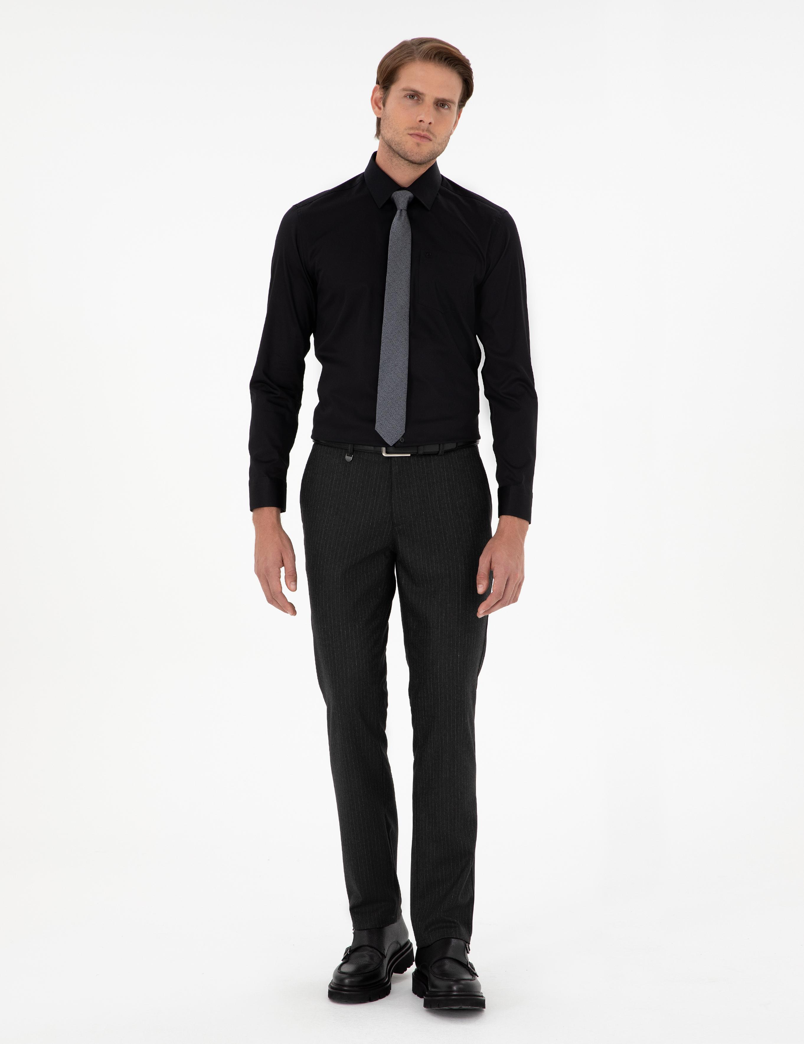 Siyah Parlak Saten Regular Fit Uzun Kollu Basic Gömlek