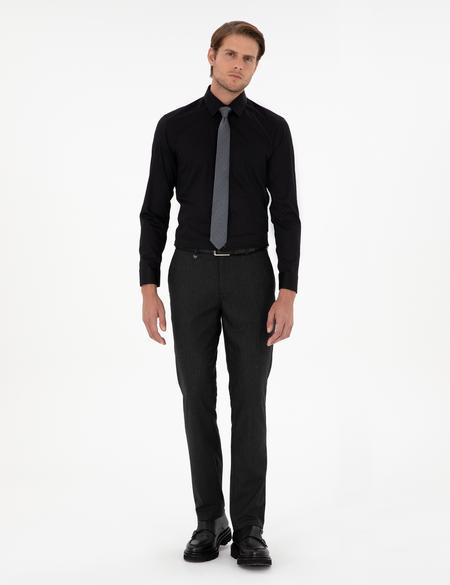 Siyah Parlak Saten Regular Fit Uzun Kollu Basic Gömlek - 50286106023