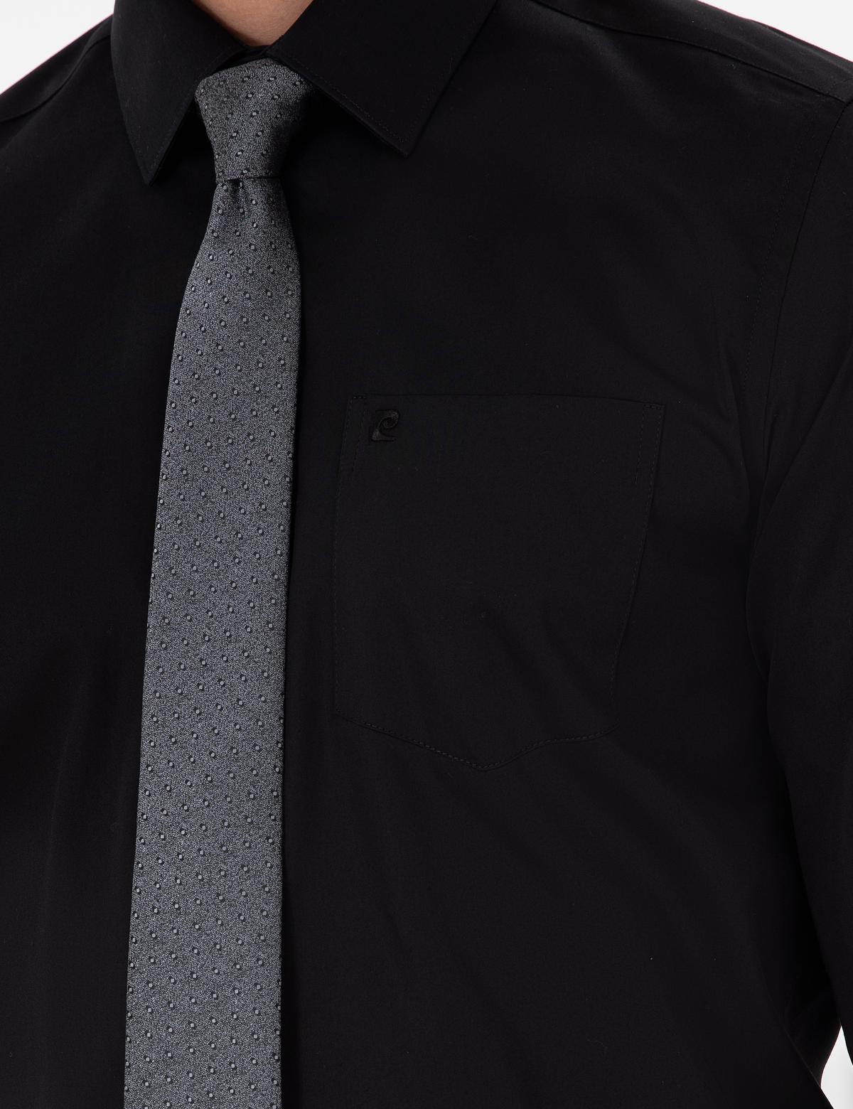 Siyah Parlak Saten Regular Fit Uzun Kollu Basic Gömlek - 50286106023