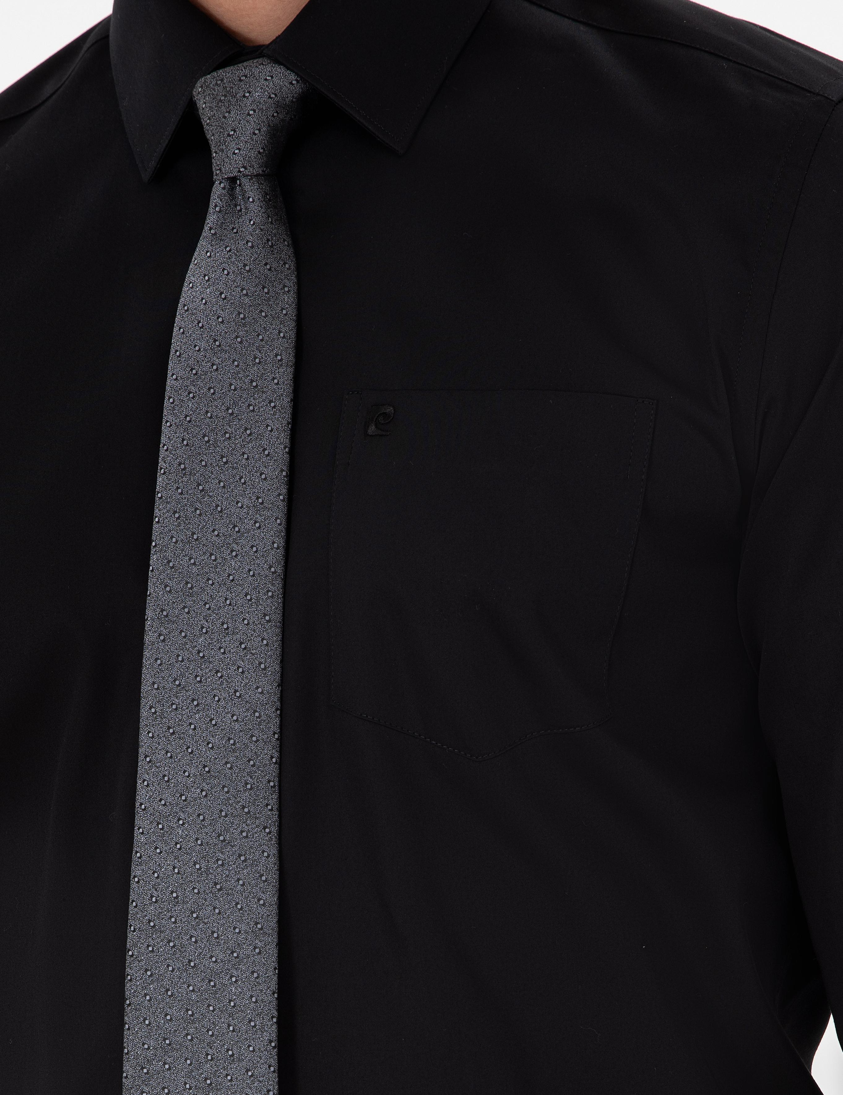 Siyah Parlak Saten Regular Fit Uzun Kollu Basic Gömlek