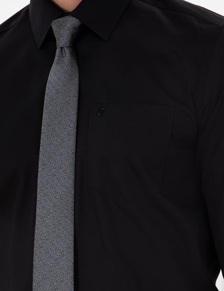 Siyah Parlak Saten Regular Fit Uzun Kollu Basic Gömlek - 50286106023