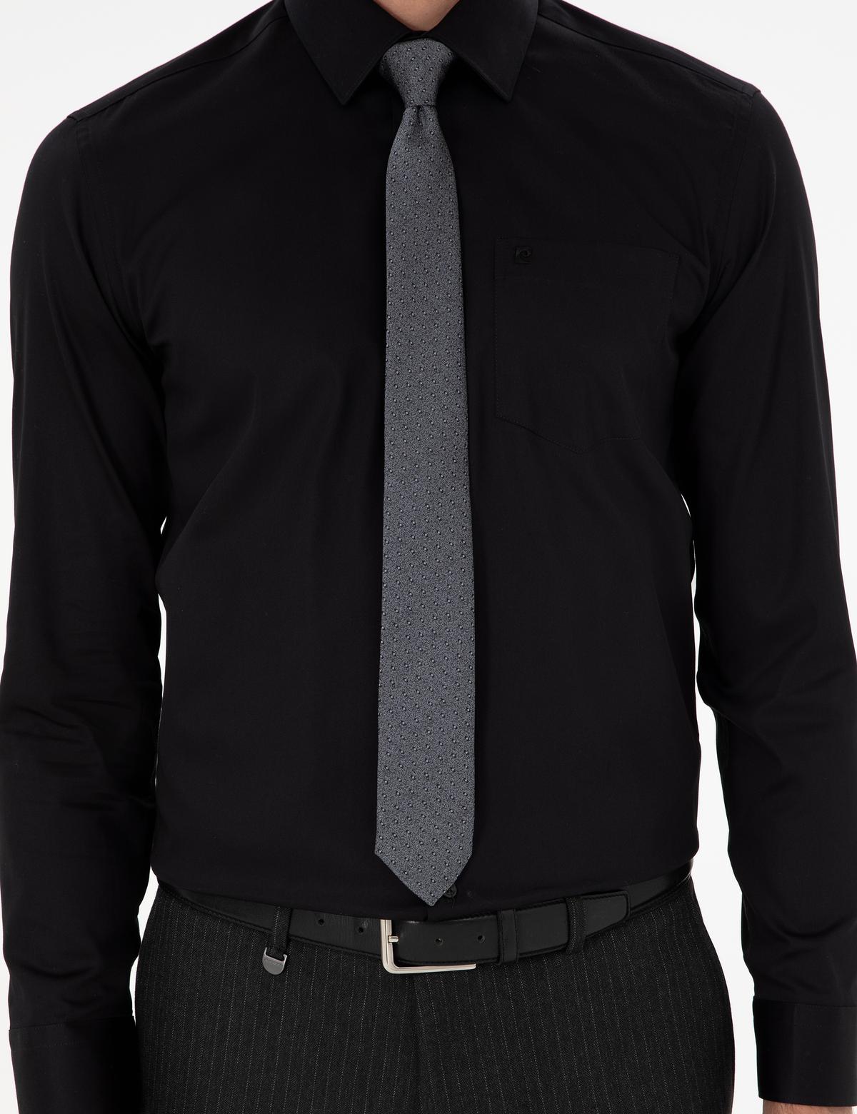 Siyah Parlak Saten Regular Fit Uzun Kollu Basic Gömlek - 50286106023