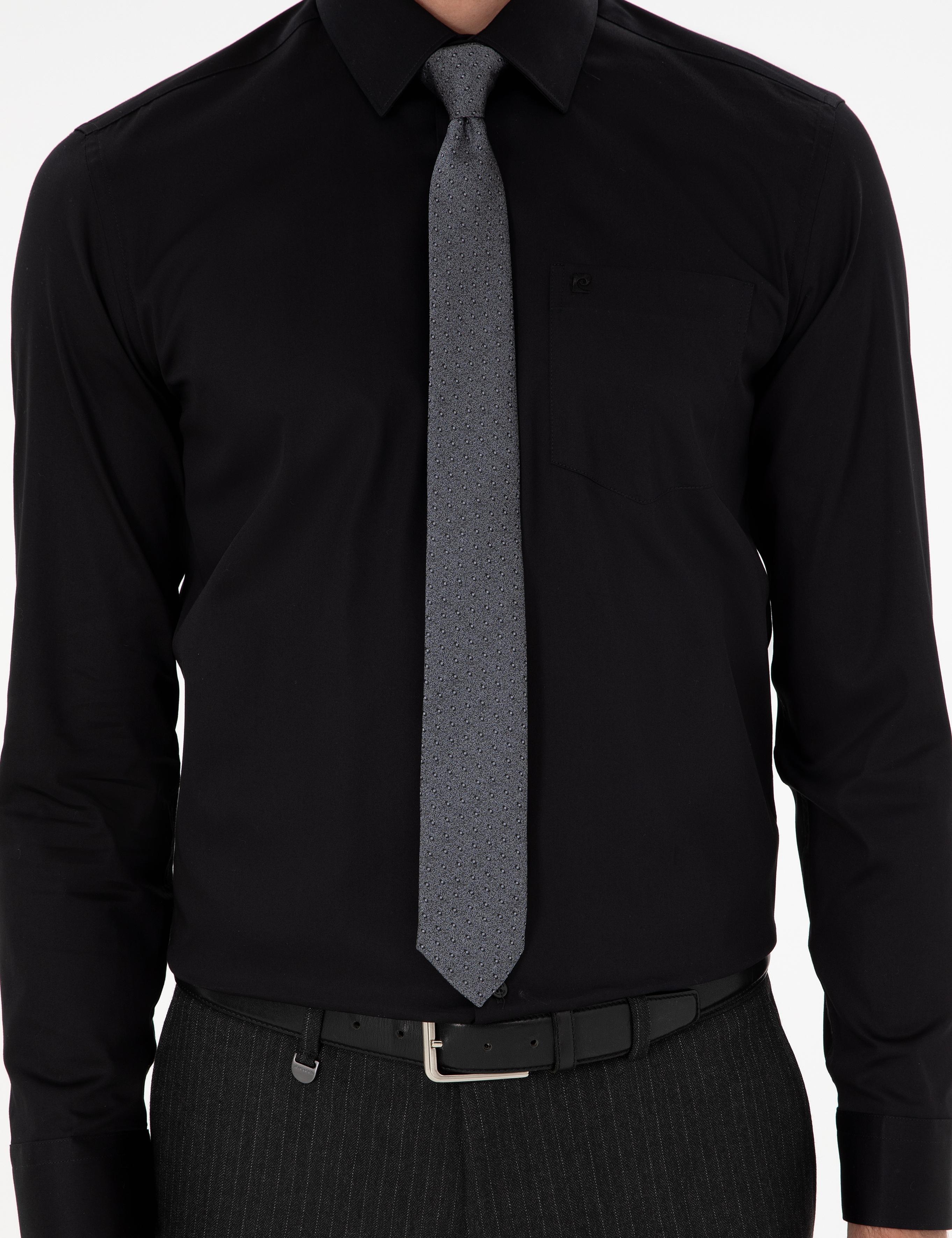 Siyah Parlak Saten Regular Fit Uzun Kollu Basic Gömlek