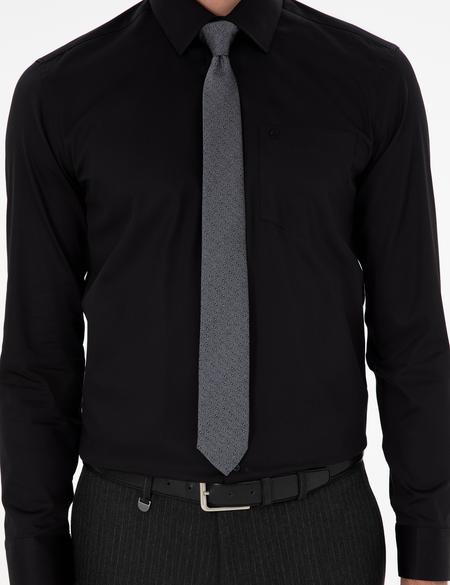 Siyah Parlak Saten Regular Fit Uzun Kollu Basic Gömlek - 50286106023