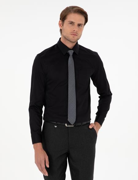 Siyah Parlak Saten Regular Fit Uzun Kollu Basic Gömlek - 50286106023