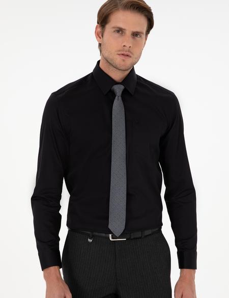 Siyah Parlak Saten Regular Fit Uzun Kollu Basic Gömlek - 50286106023