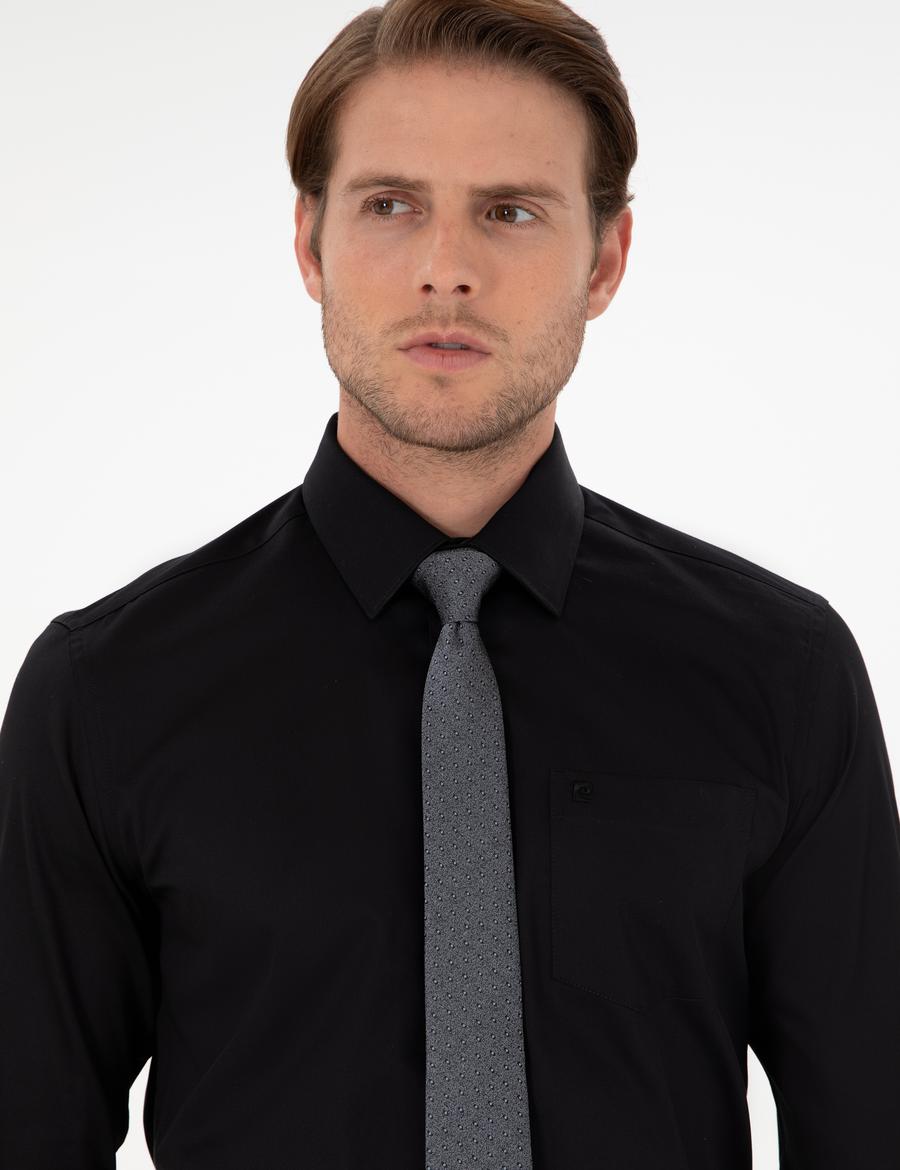 Siyah Parlak Saten Regular Fit Uzun Kollu Basic Gömlek