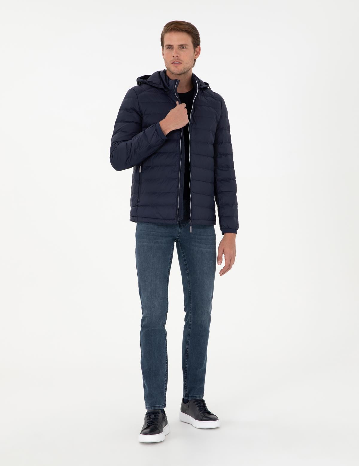 Lacivert Kapüşonlu Cropped Slim Mont - 50292790011