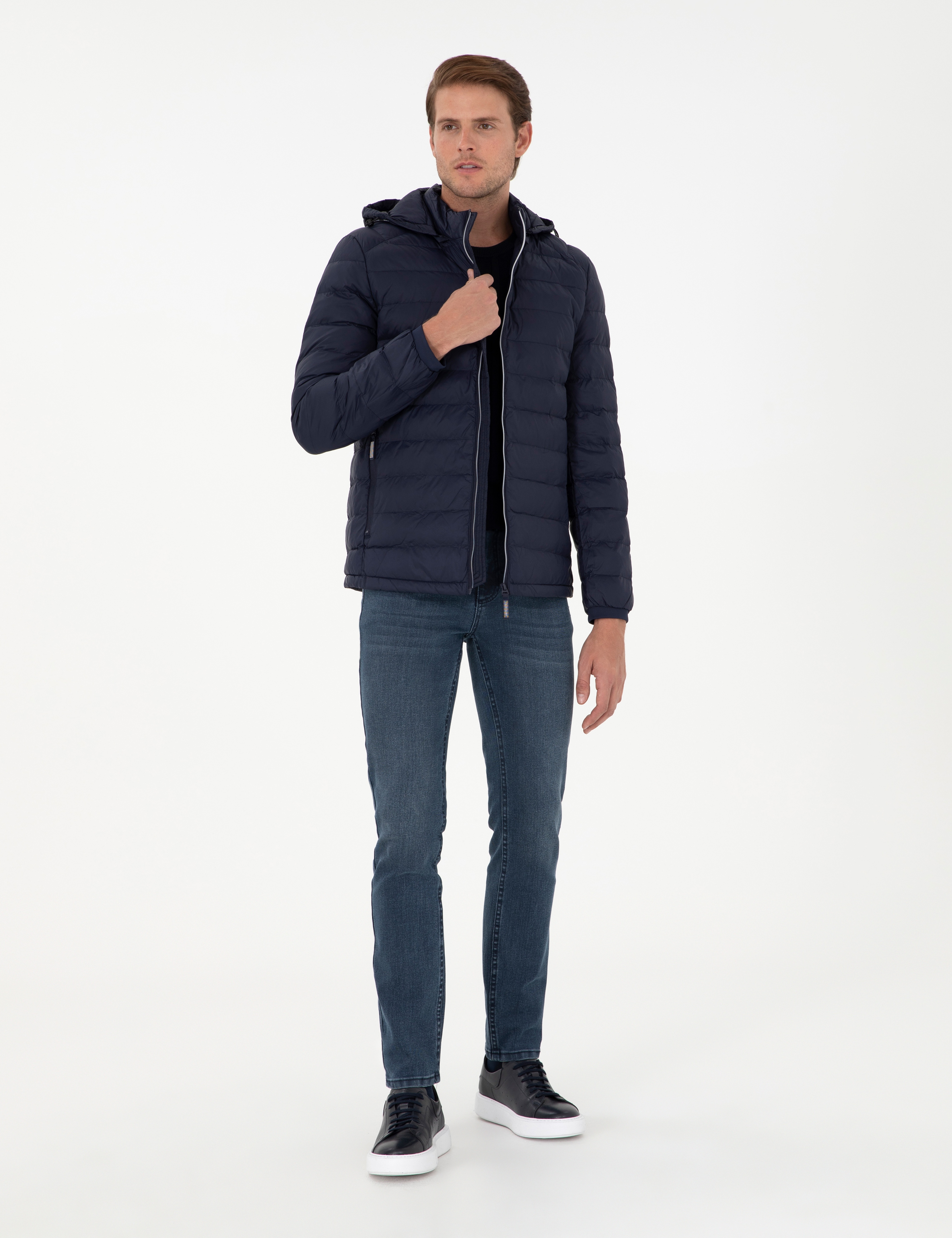 Lacivert Kapüşonlu Cropped Slim Mont