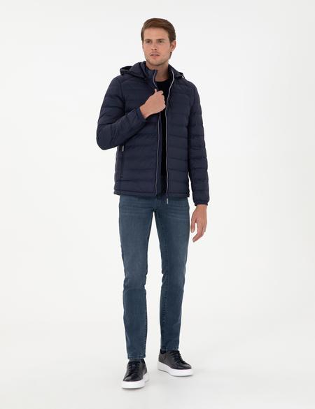 Lacivert Kapüşonlu Cropped Slim Mont - 50292790011