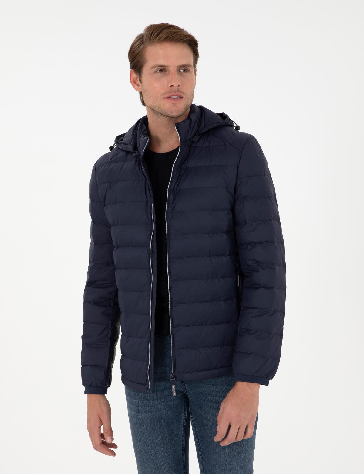 Lacivert Kapüşonlu Cropped Slim Mont