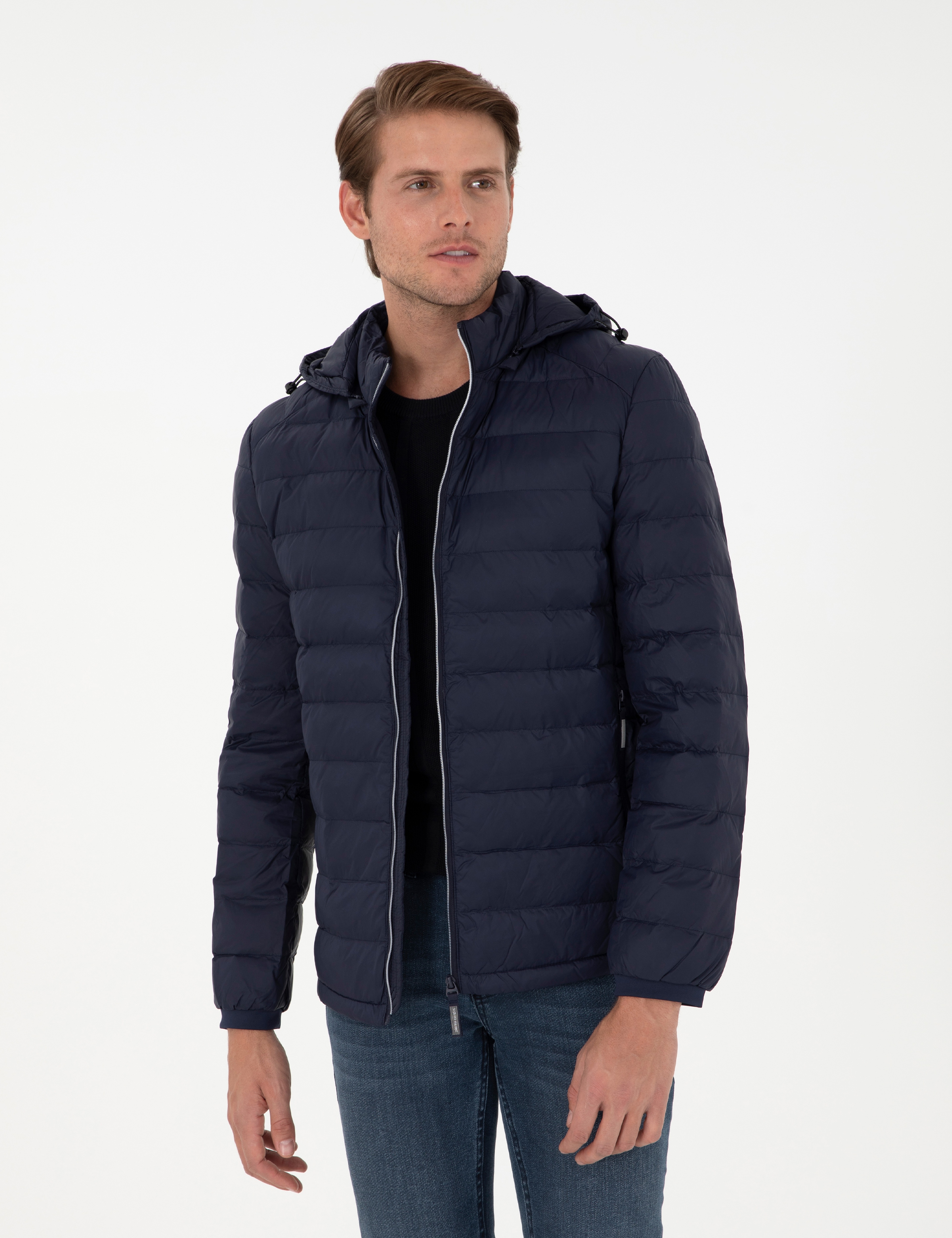 Lacivert Kapüşonlu Cropped Slim Mont - Image 1