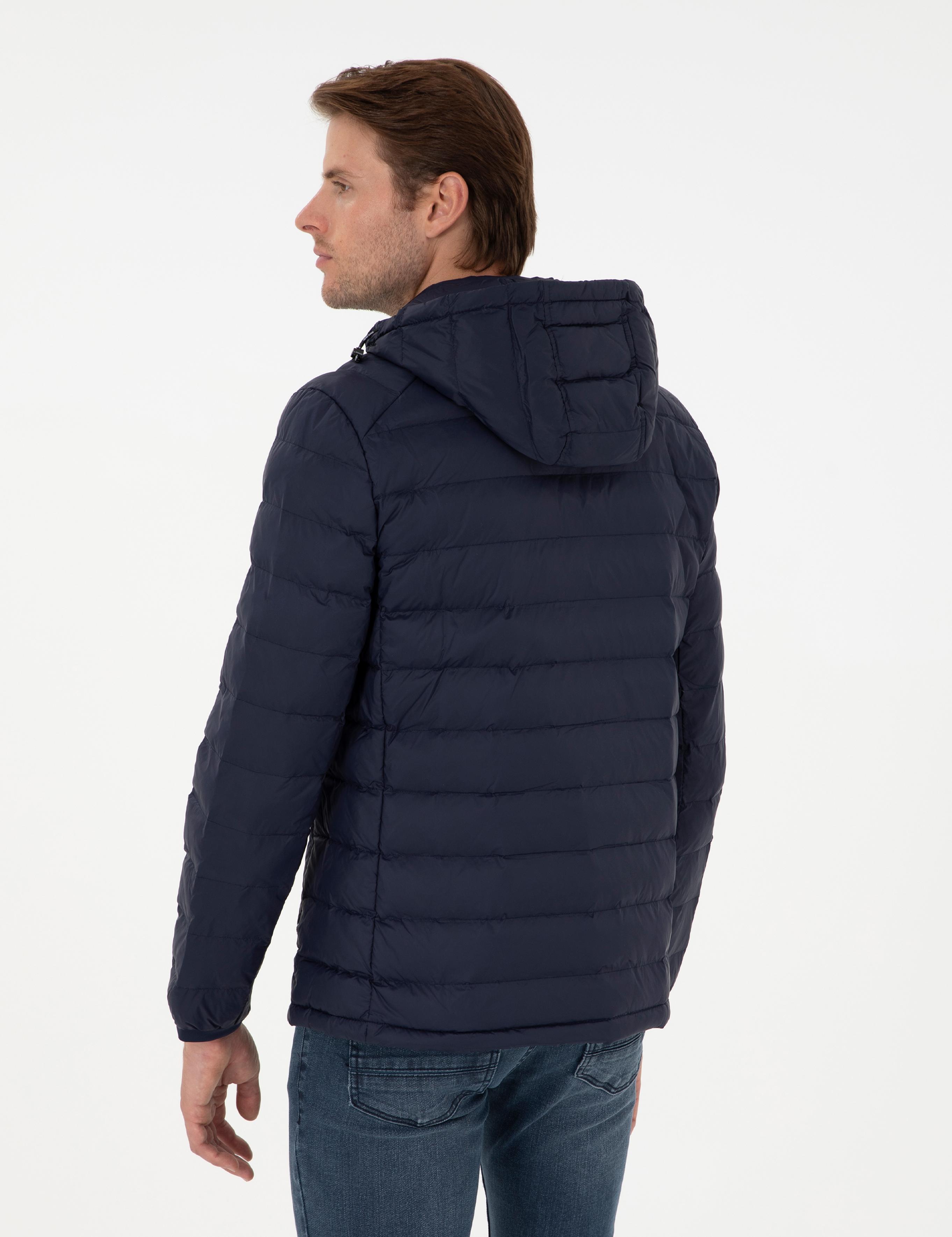 Lacivert Kapüşonlu Cropped Slim Mont