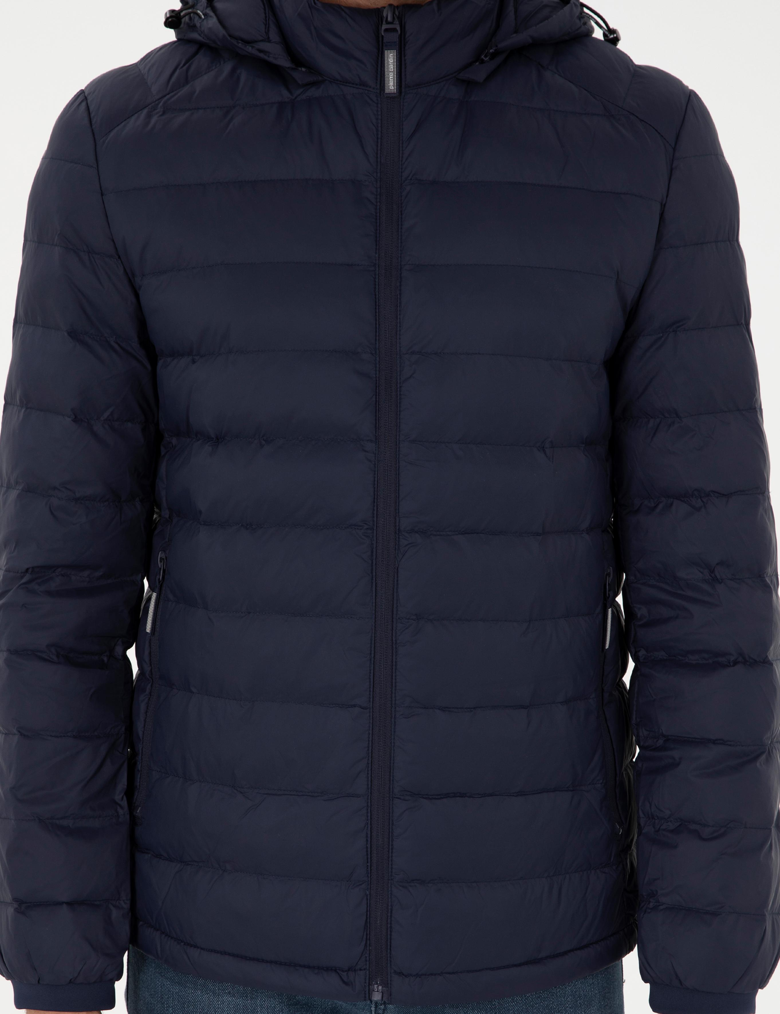 Lacivert Kapüşonlu Cropped Slim Mont