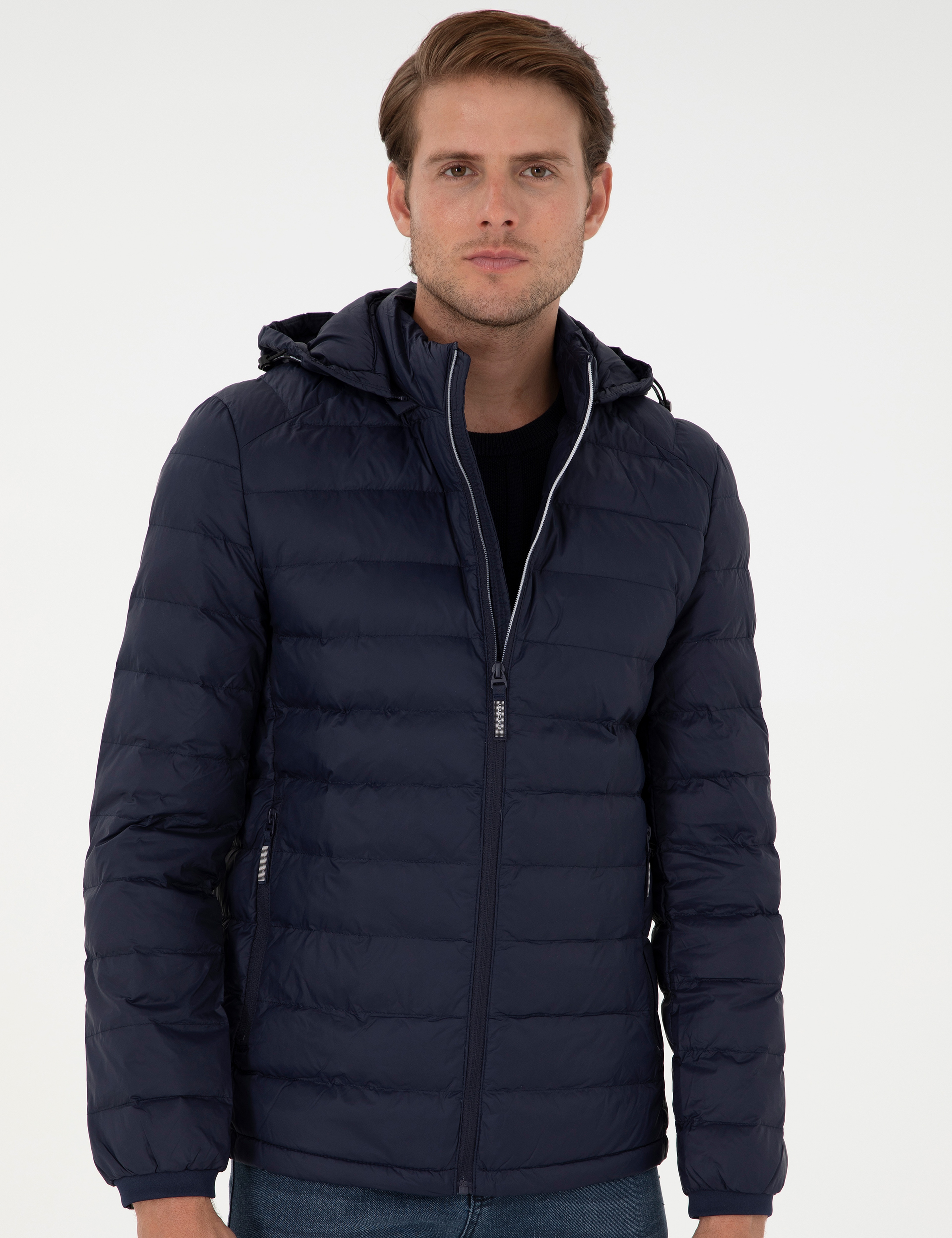 Lacivert Kapüşonlu Cropped Slim Mont - Image 3