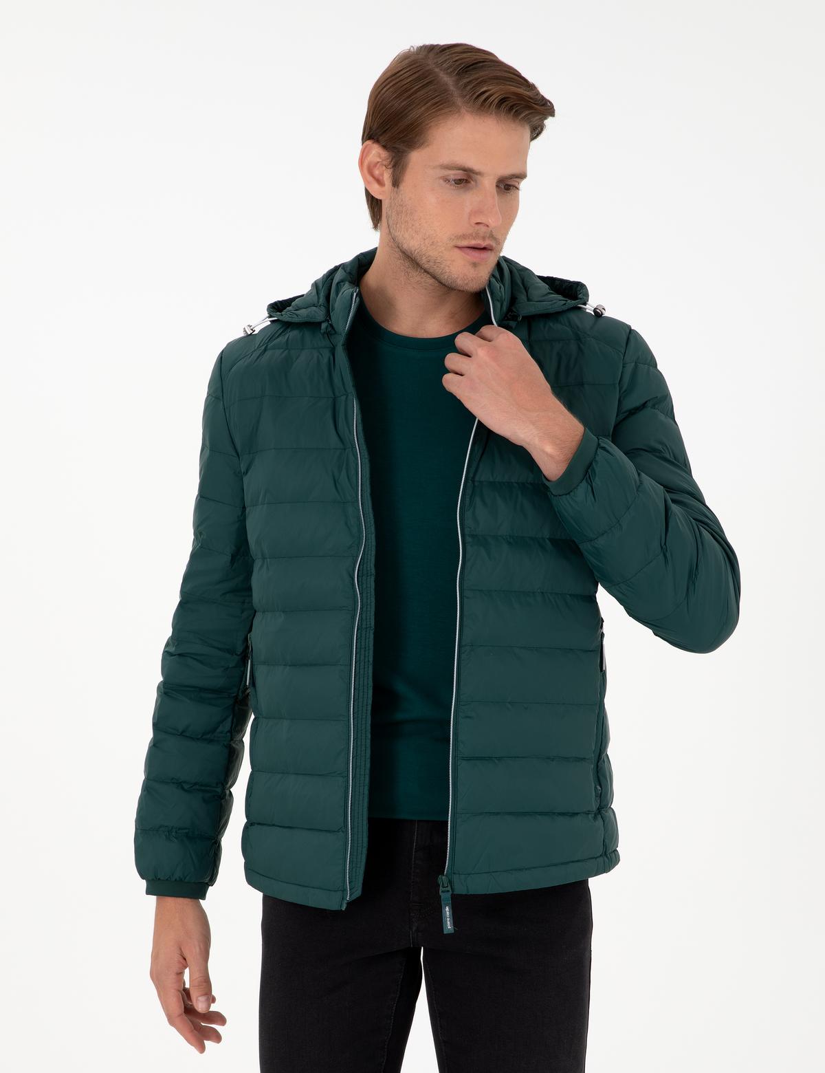 Yeşil Kapüşonlu Cropped Slim Mont