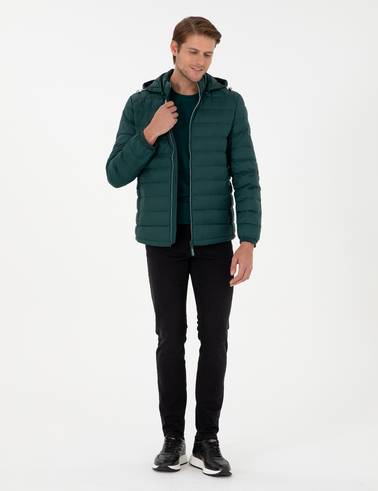 Yeşil Kapüşonlu Cropped Slim Mont