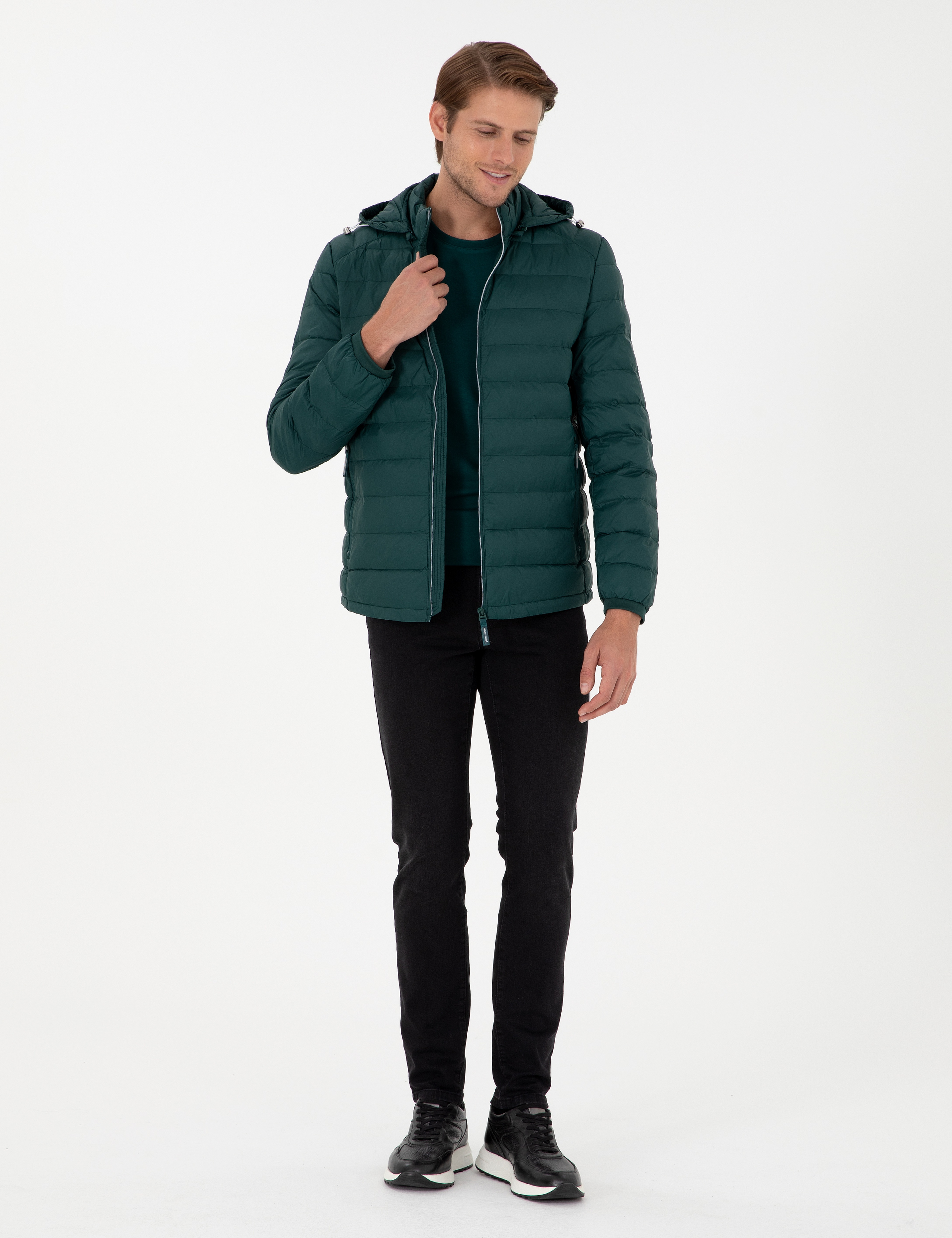 Yeşil Kapüşonlu Cropped Slim Mont - Image 4