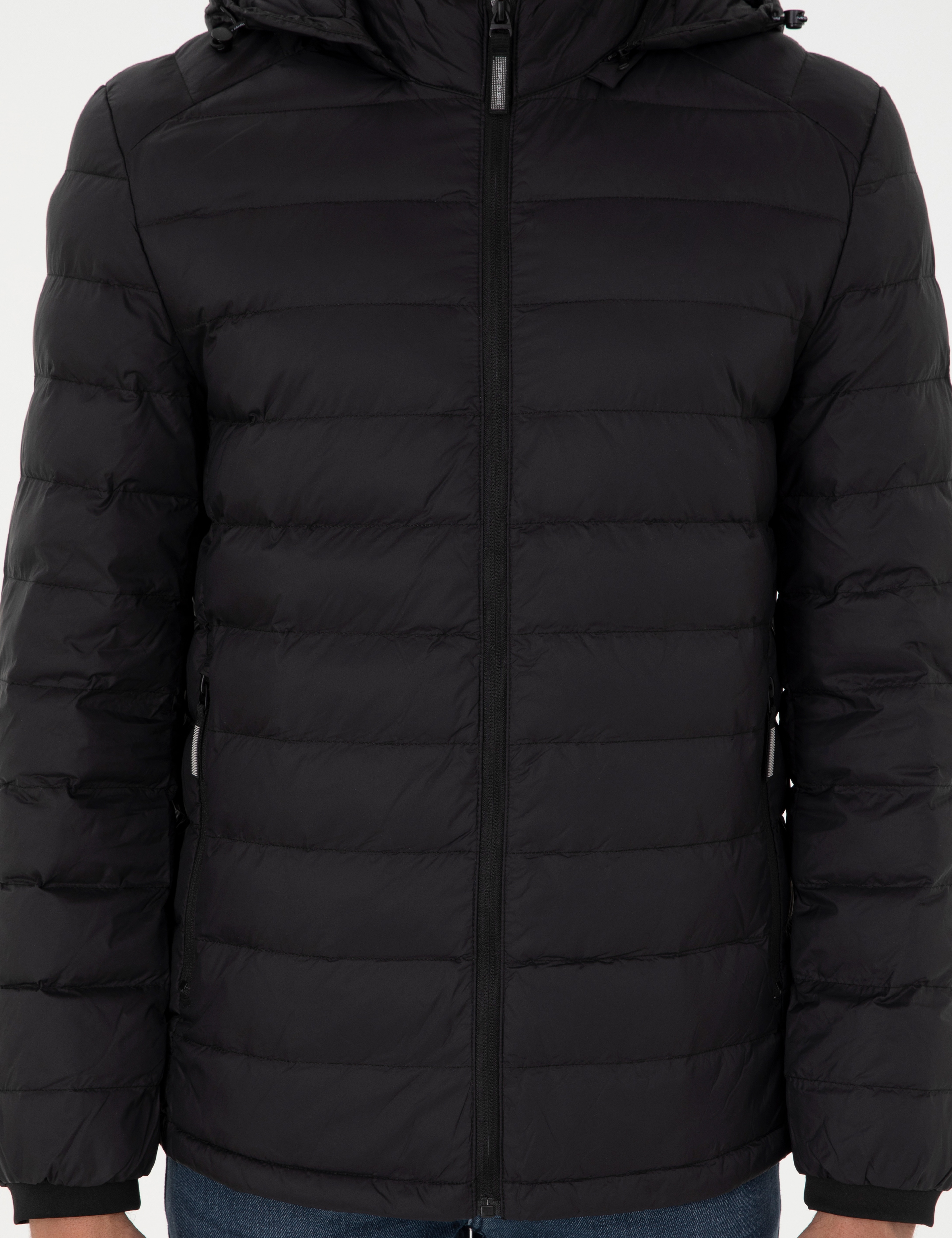 Siyah Kapüşonlu Cropped Slim Mont