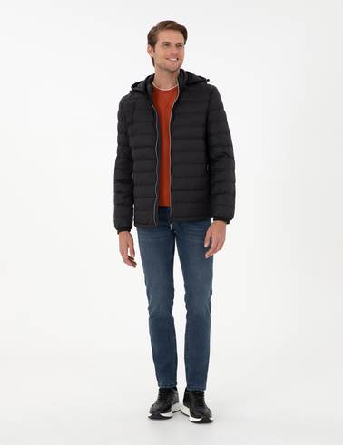 Siyah Kapüşonlu Cropped Slim Mont