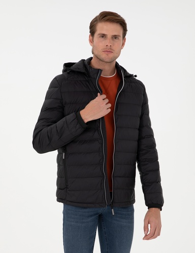 Siyah Kapüşonlu Cropped Slim Mont