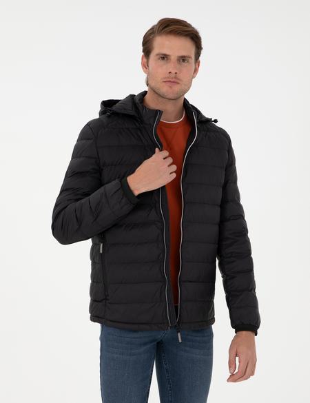 Siyah Kapüşonlu Cropped Slim Mont - 50292790026