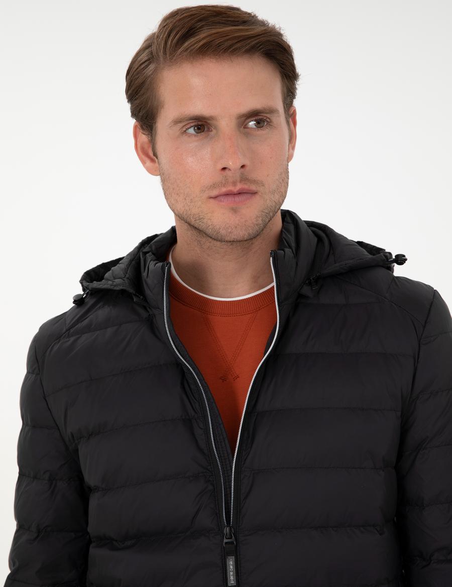 Siyah Kapüşonlu Cropped Slim Mont