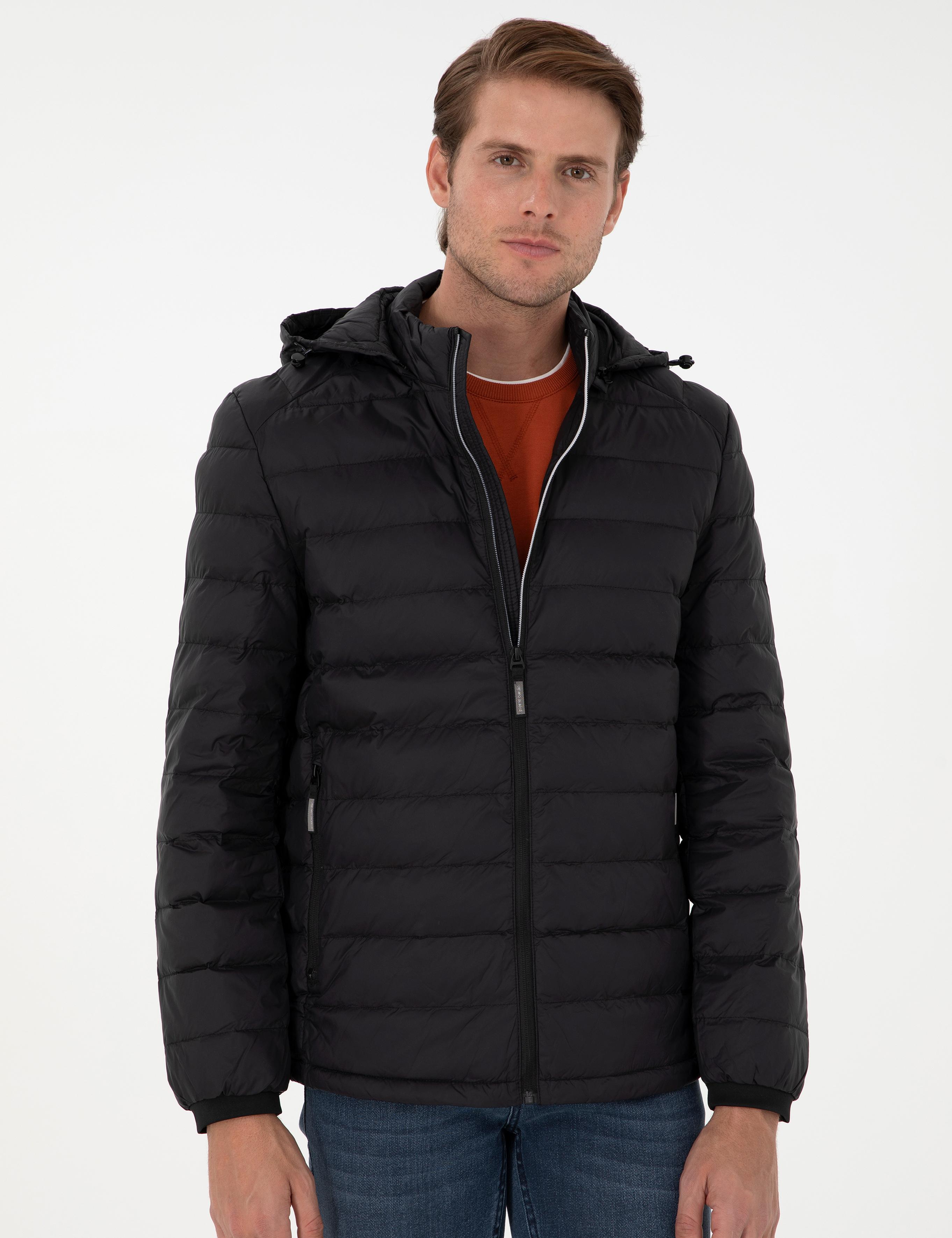 Siyah Kapüşonlu Cropped Slim Mont