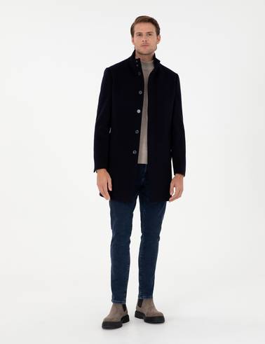 Lacivert Slim Fit Yün Karışımlı Palto