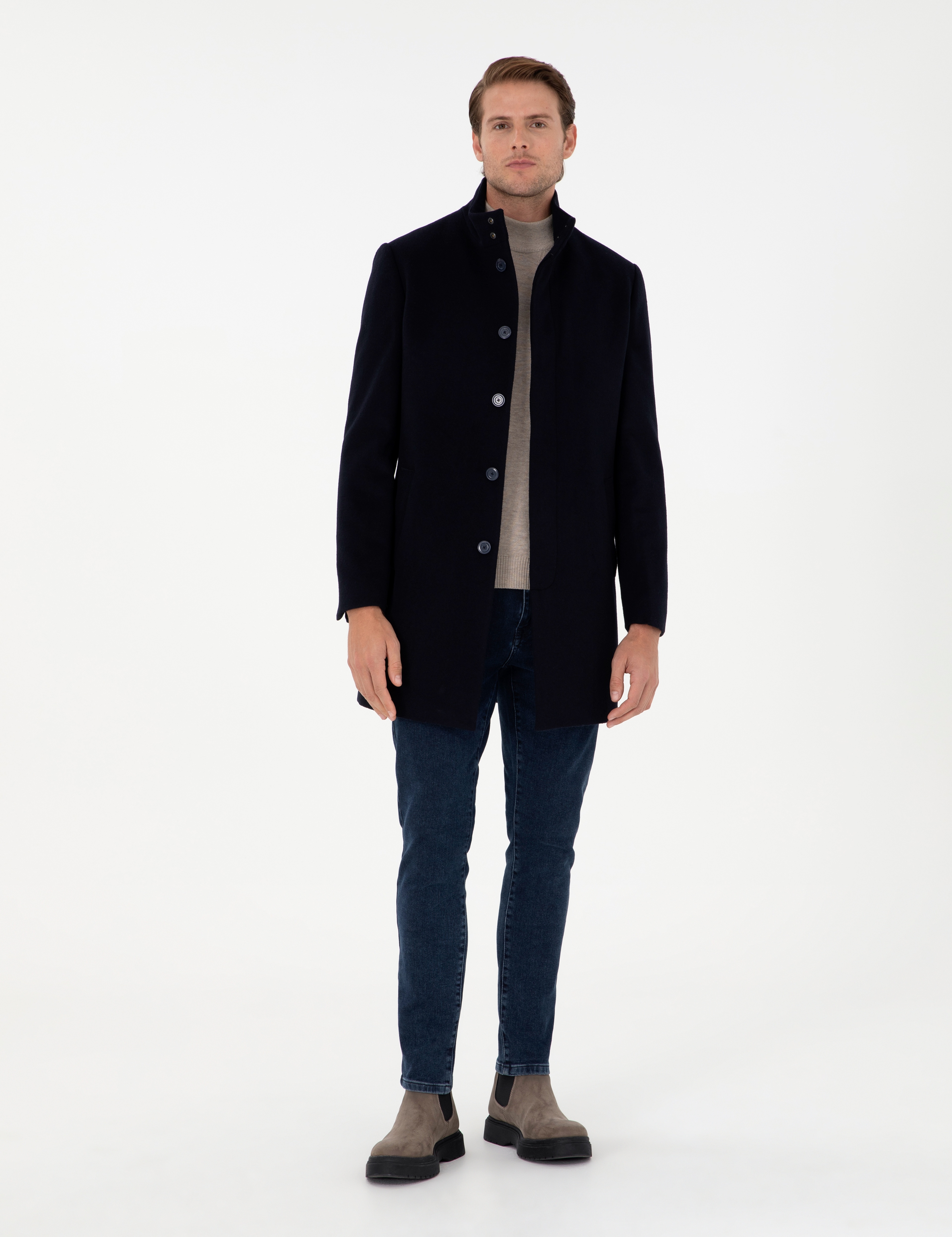 Lacivert Slim Fit Yün Karışımlı Palto - Image 4
