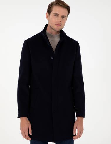 Lacivert Slim Fit Yün Karışımlı Palto