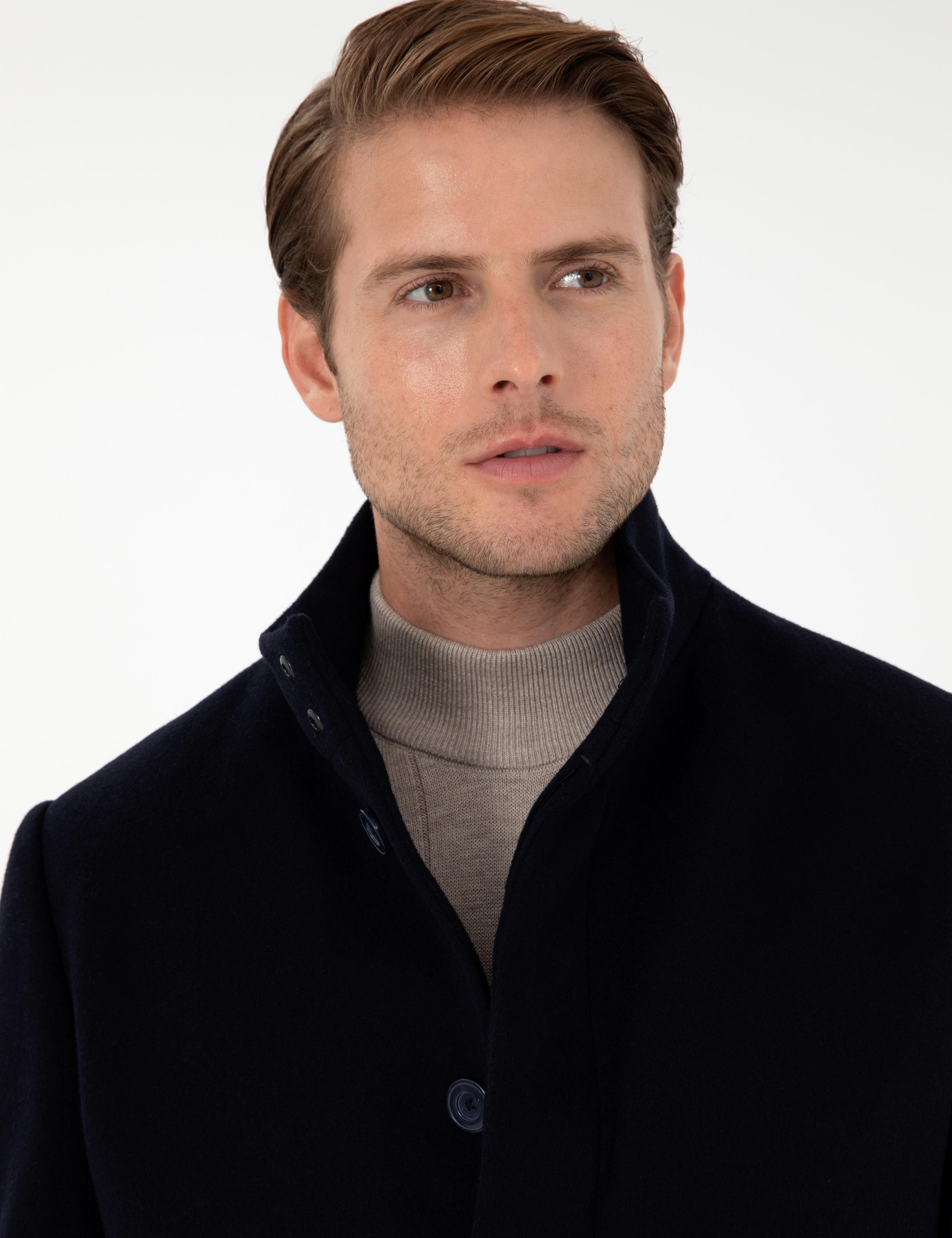 Lacivert Slim Fit Yün Karışımlı Palto