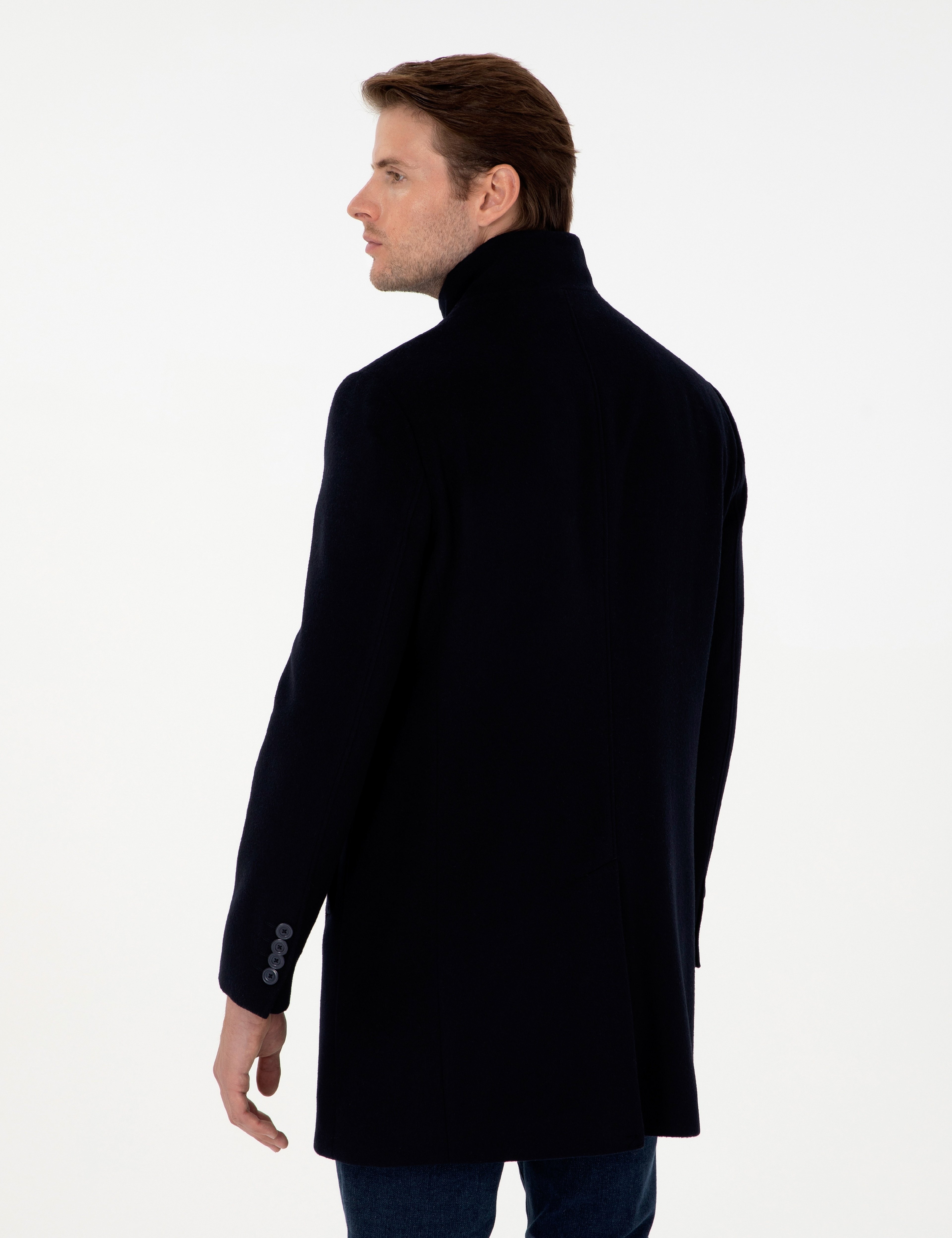 Lacivert Slim Fit Yün Karışımlı Palto