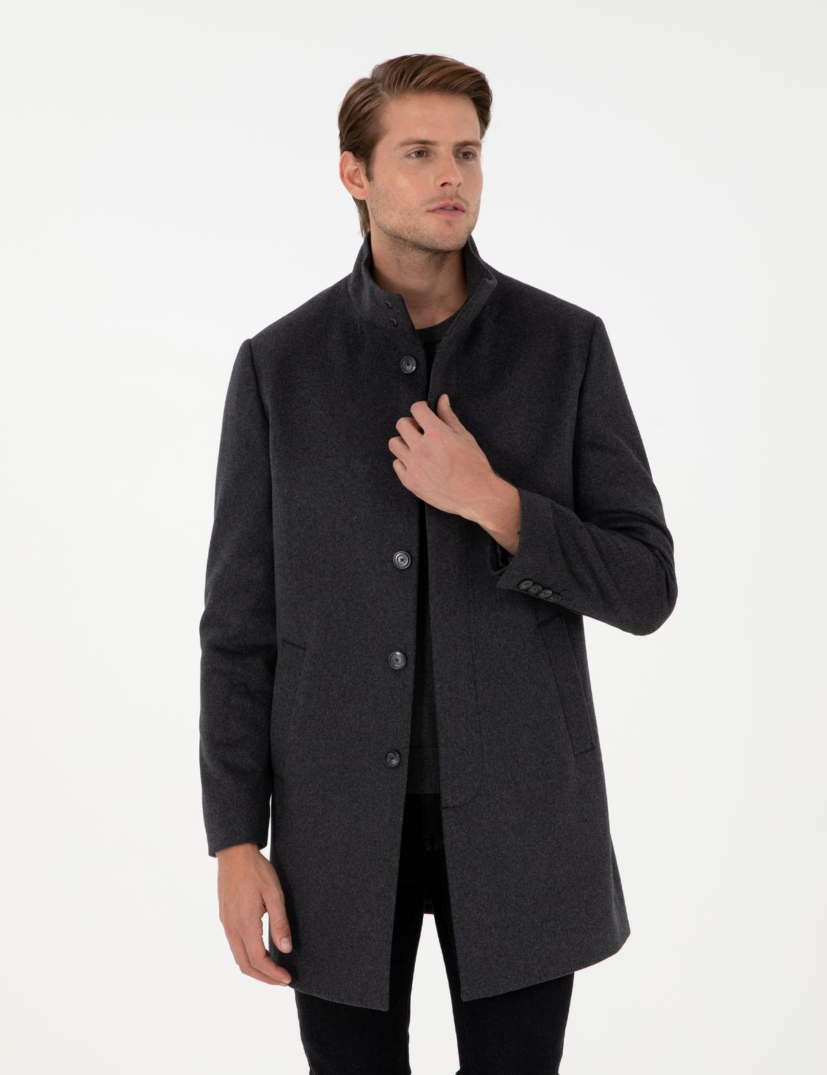 Antrasit Slim Fit Yün Karışımlı Palto