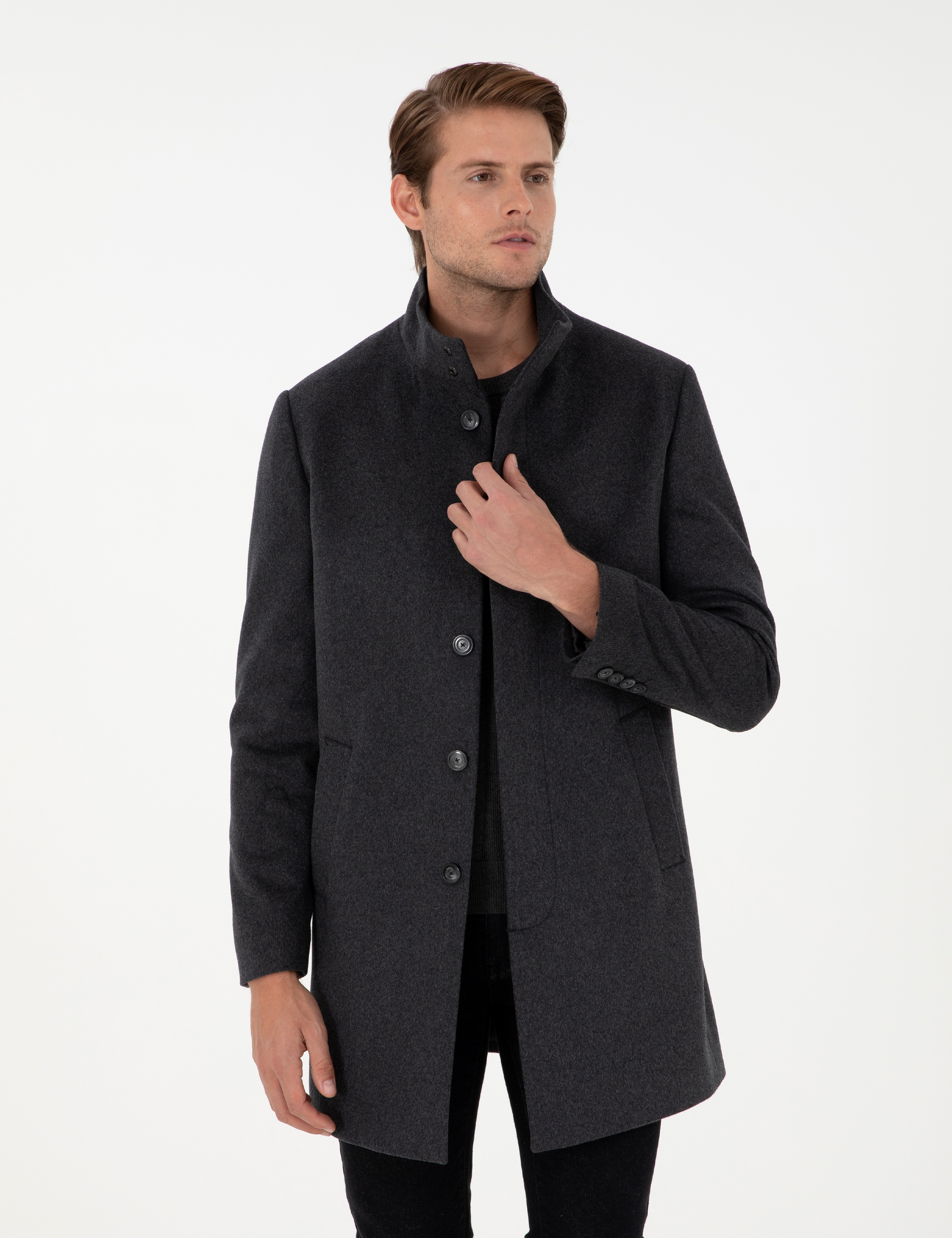 Antrasit Slim Fit Yün Karışımlı Palto - Image 1