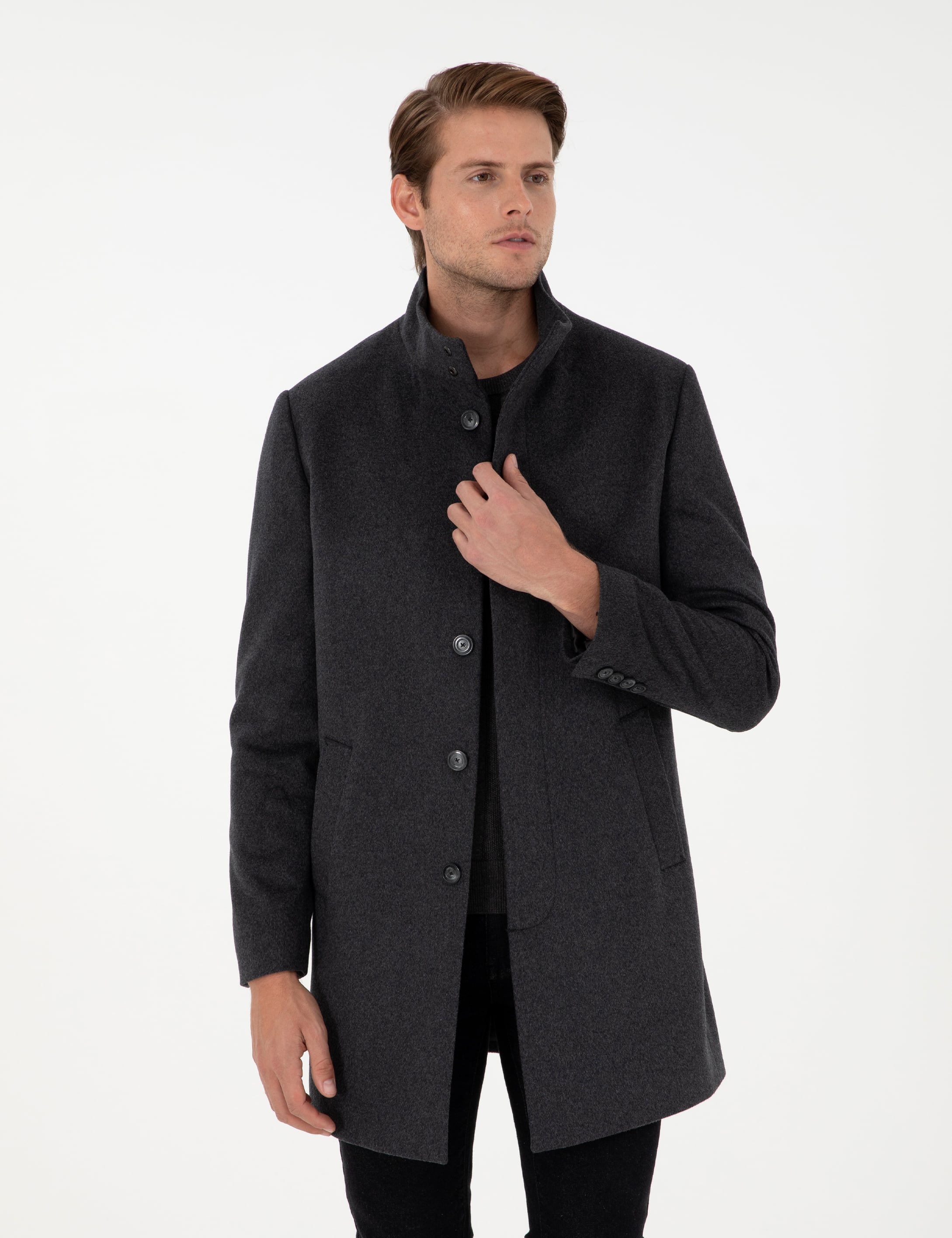 Antrasit Slim Fit Yün Karışımlı Palto