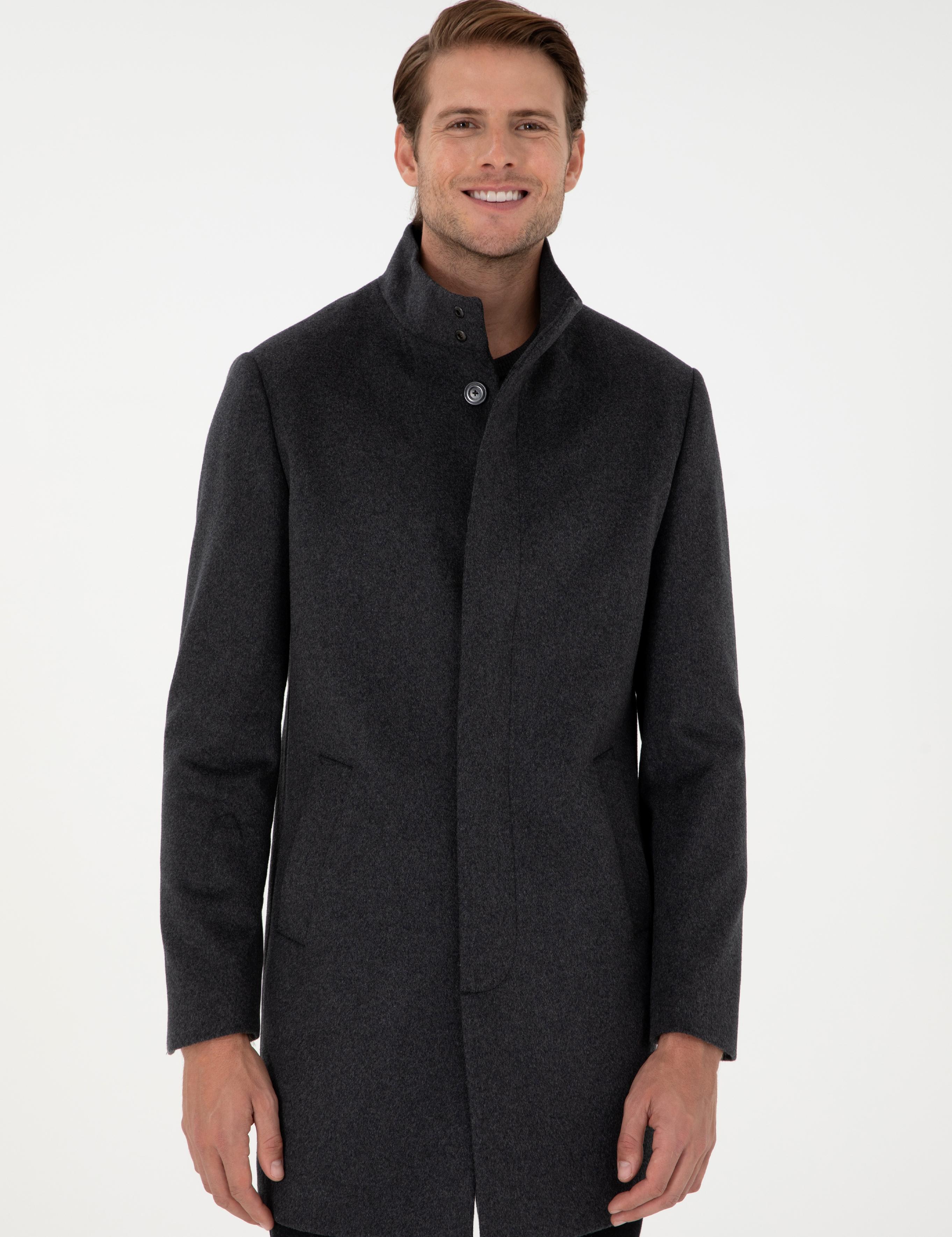 Antrasit Slim Fit Yün Karışımlı Palto