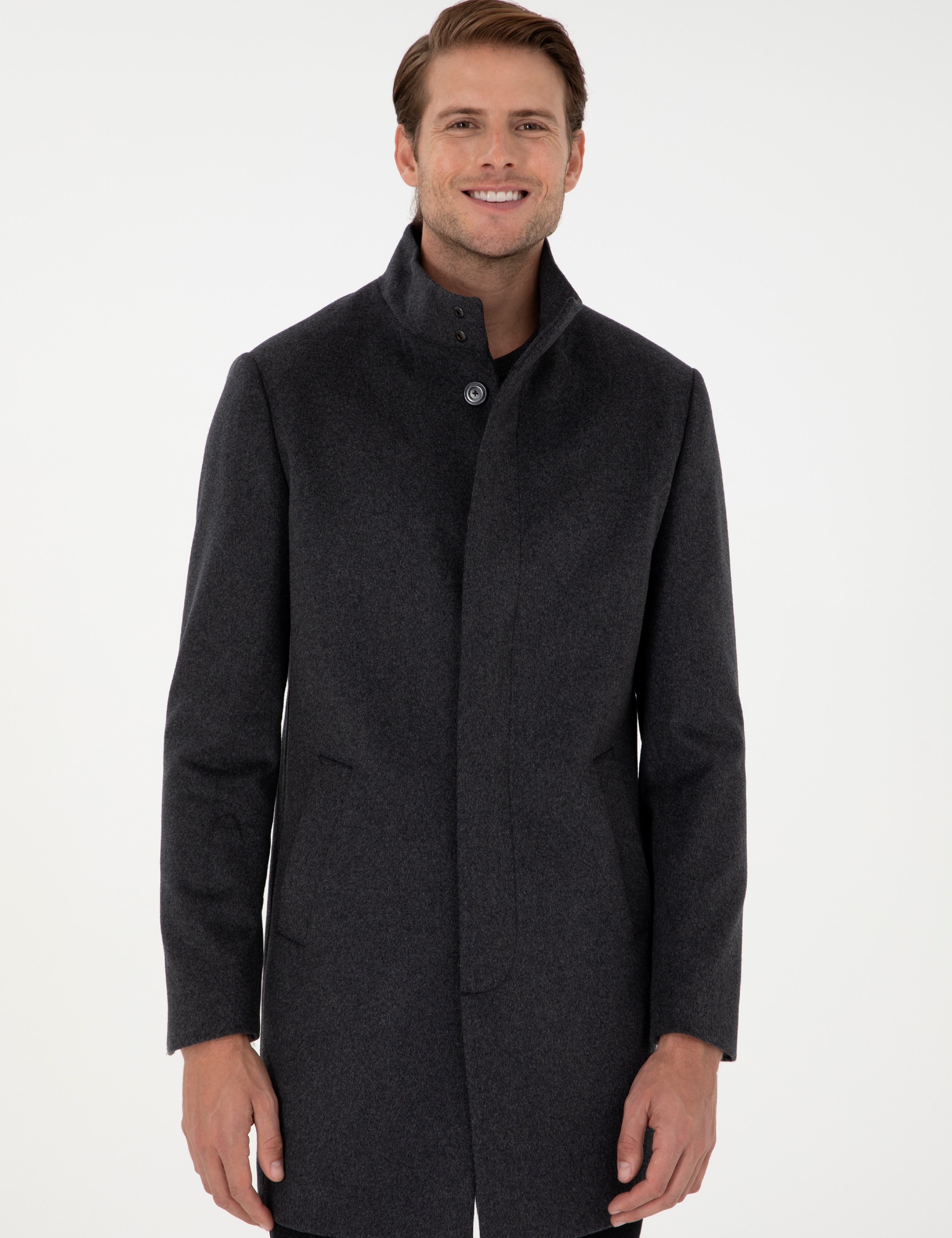 Antrasit Slim Fit Yün Karışımlı Palto - Image 3