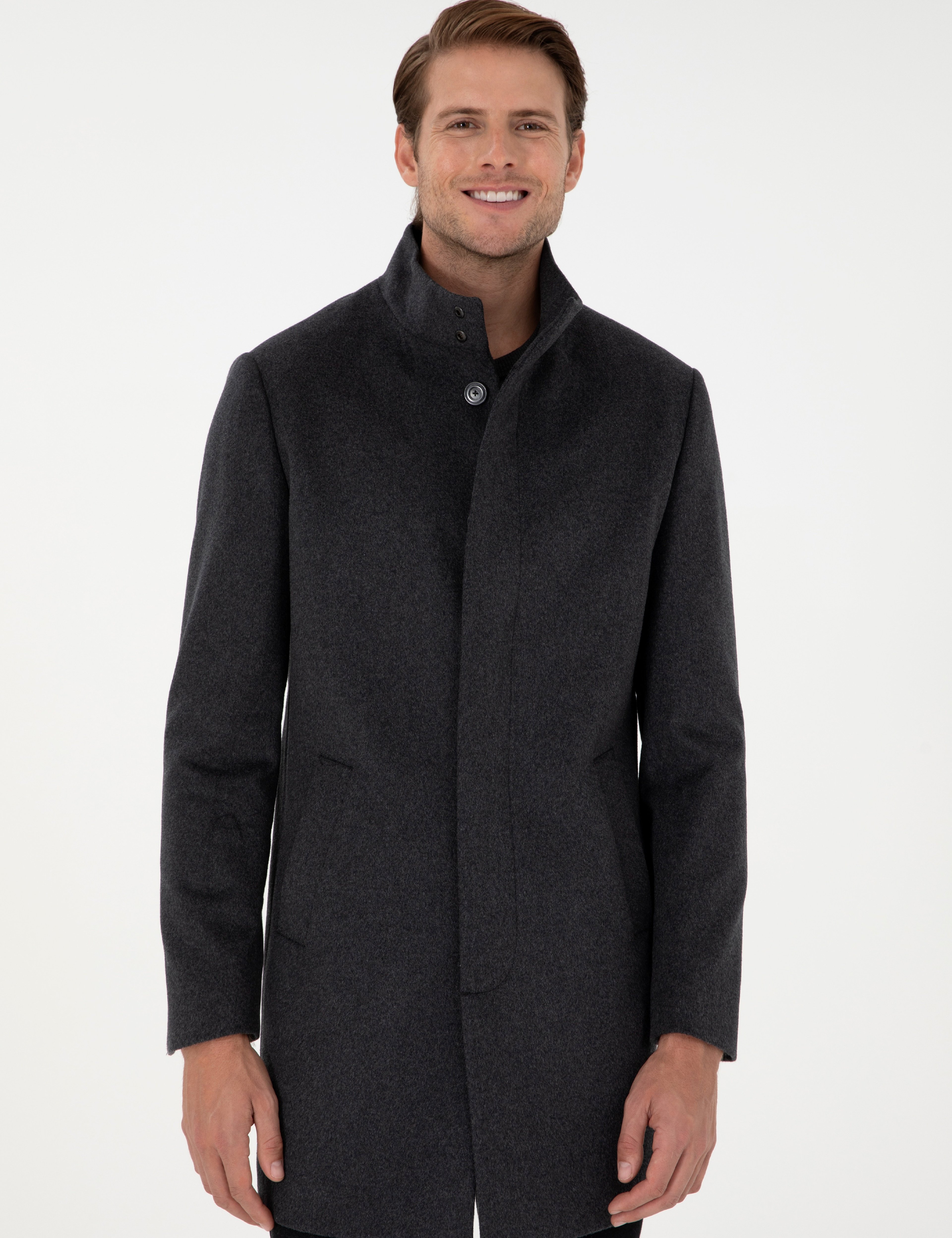 Antrasit Slim Fit Yün Karışımlı Palto