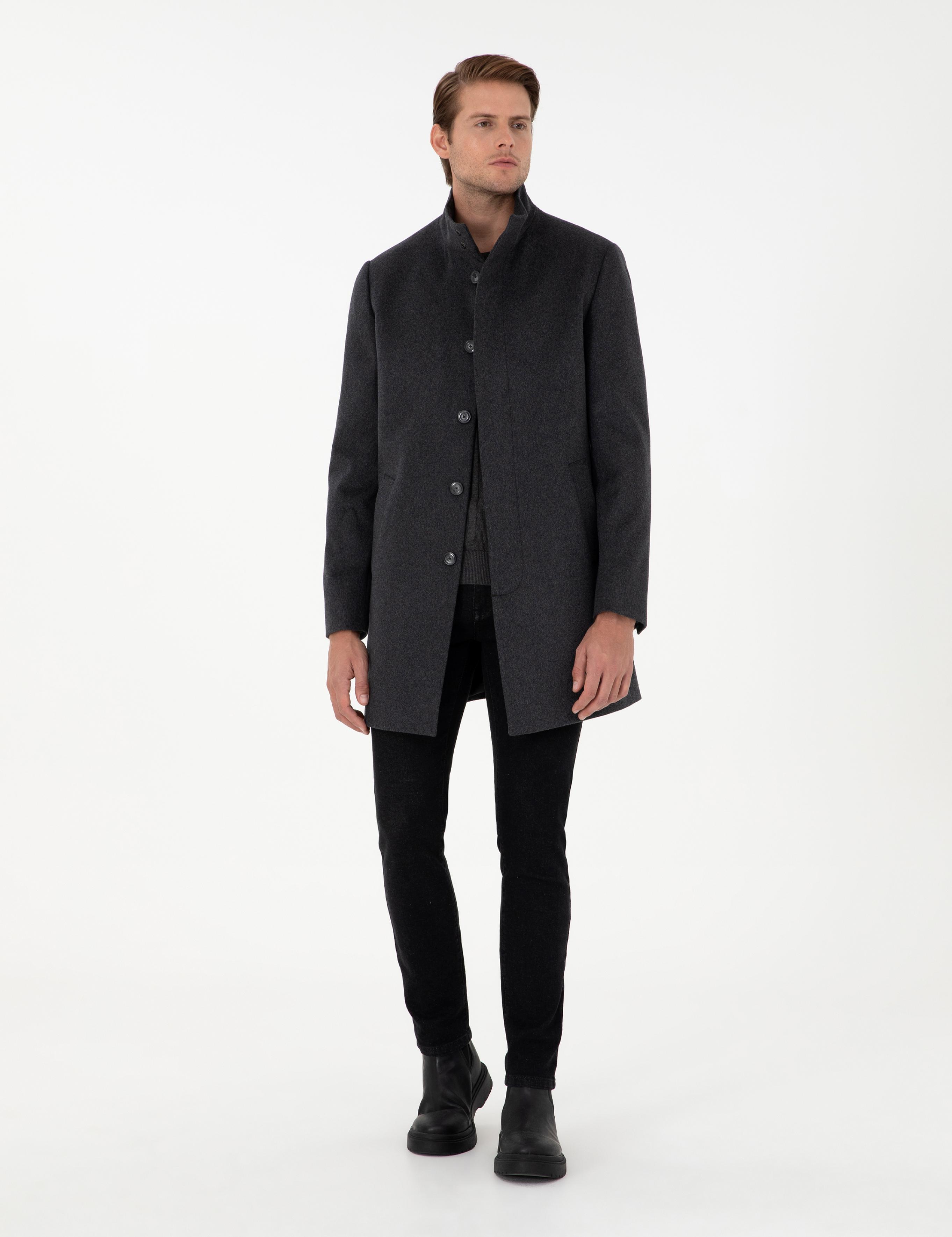 Antrasit Slim Fit Yün Karışımlı Palto