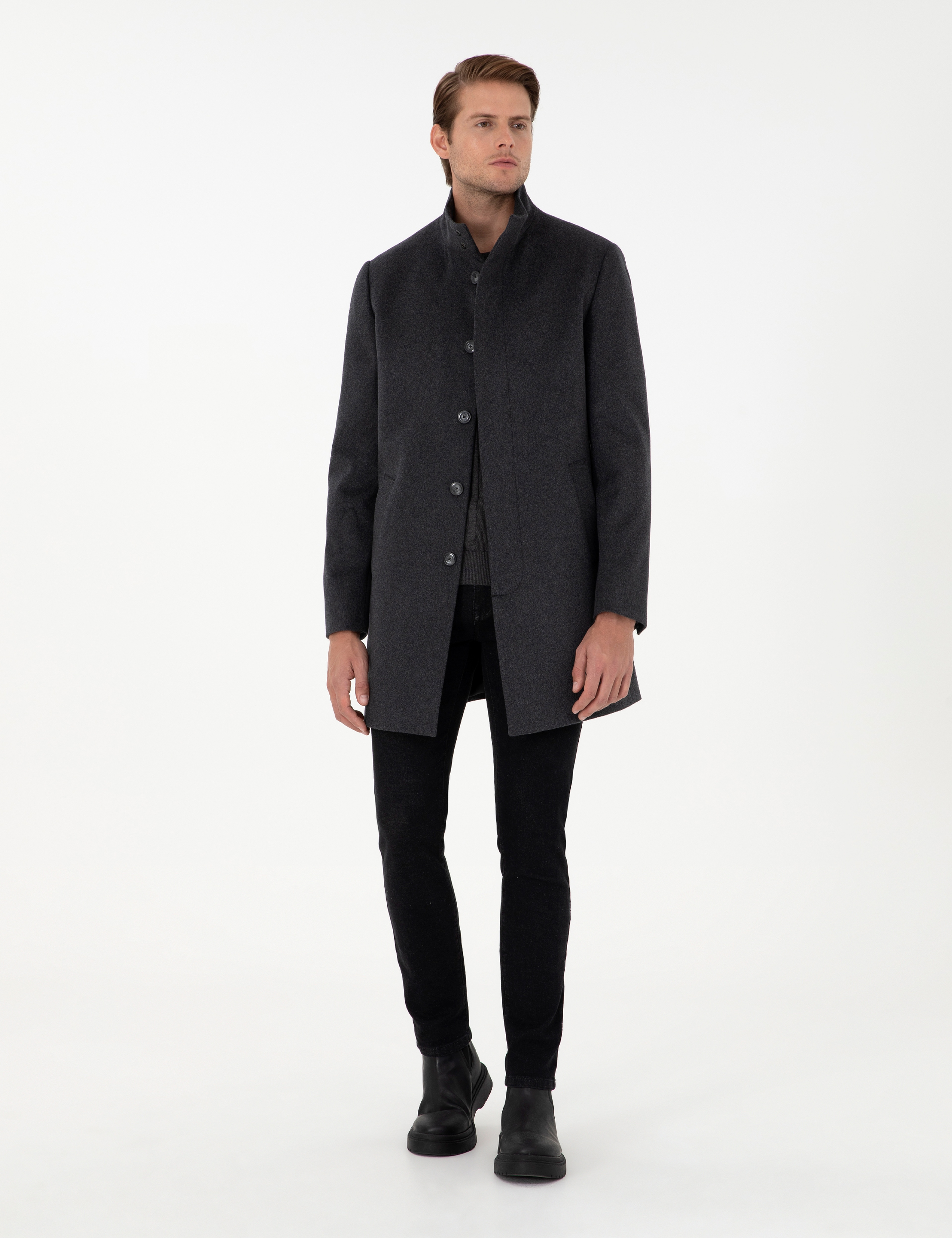 Antrasit Slim Fit Yün Karışımlı Palto - Image 4